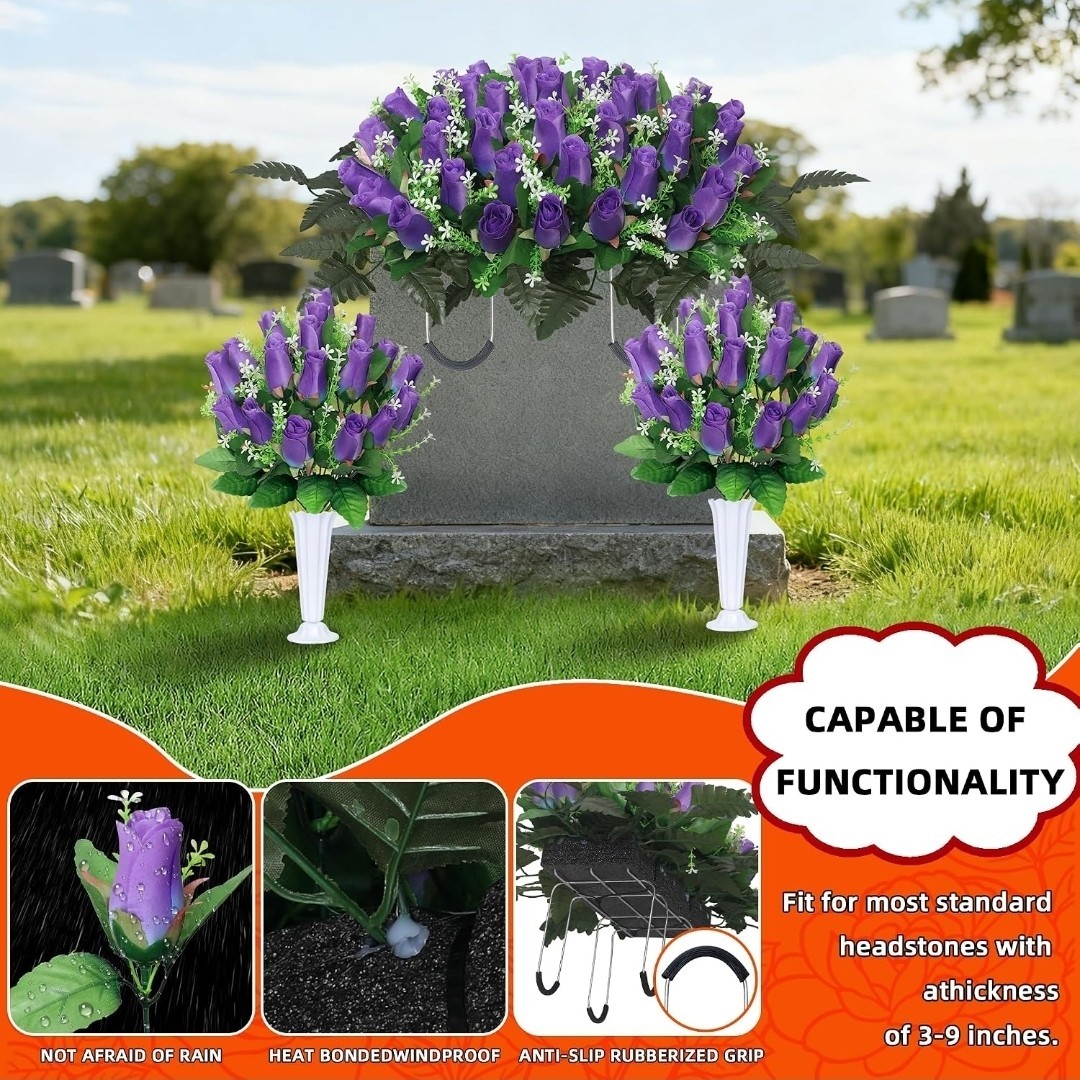 3 Sets Cemetery Flowers for Grave, Headstone Flower Saddle, Purple Rose Memorial