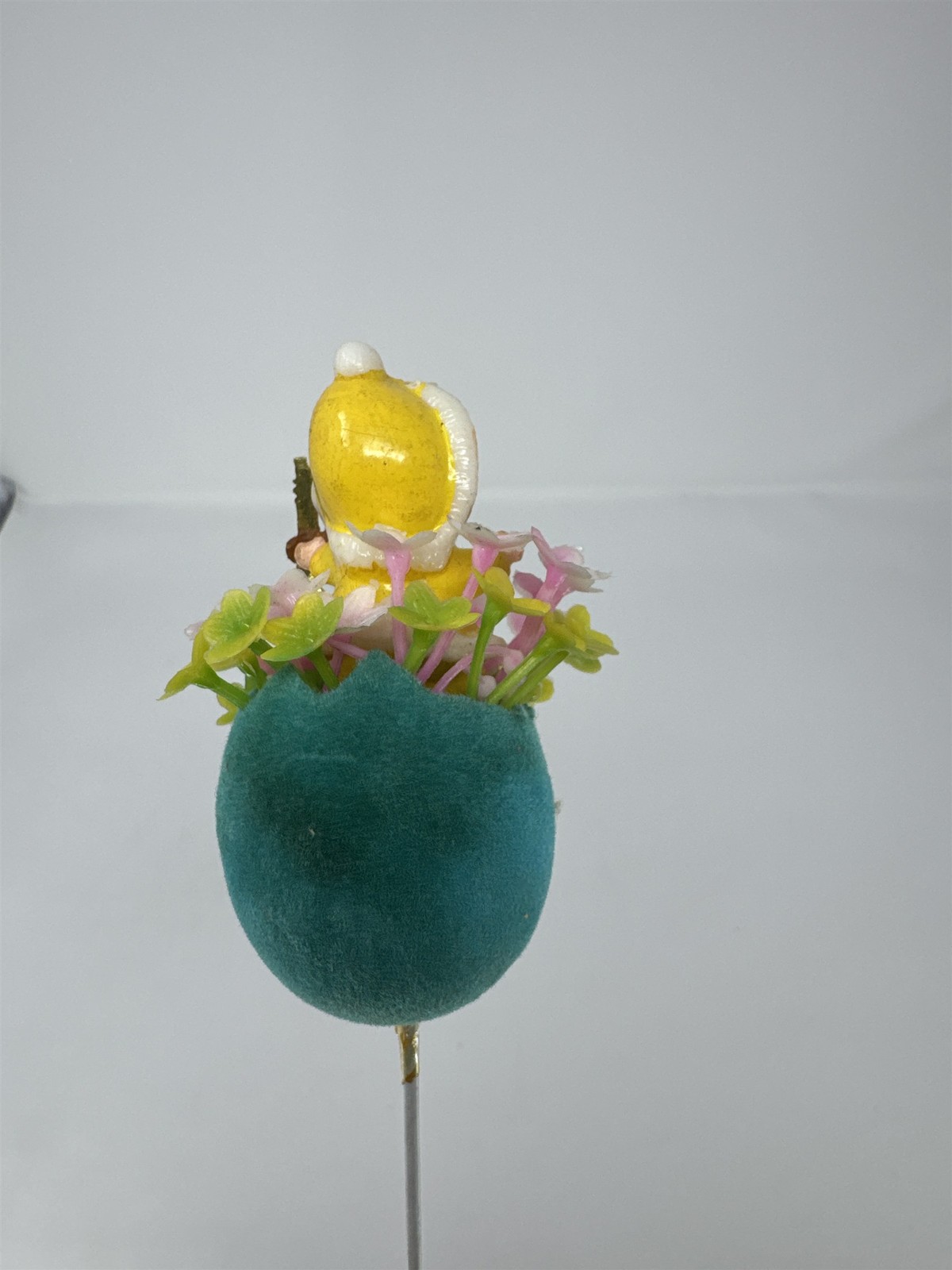 Vtg Easter Flocked Teal Egg Flower Pick Child Elf Figurine Playing Violin