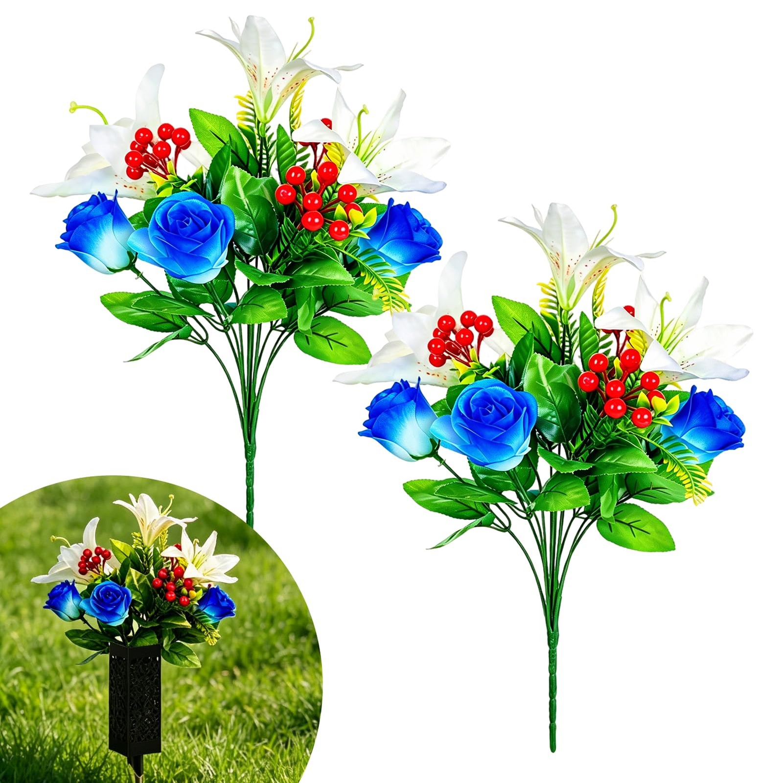 2 Bouquets Artificial Red White Blue Flowers for Cemetery – Realistic Patriot…