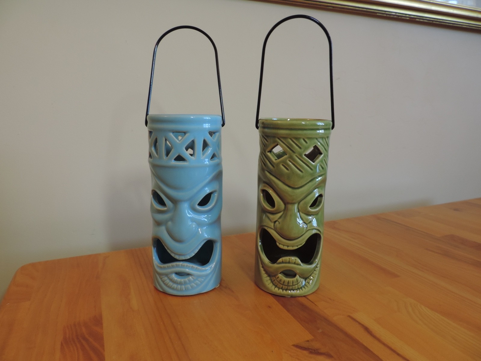 2 Tiki Totem Hawaiian Ceramic Planters 9″ Planters Vase Blue Green