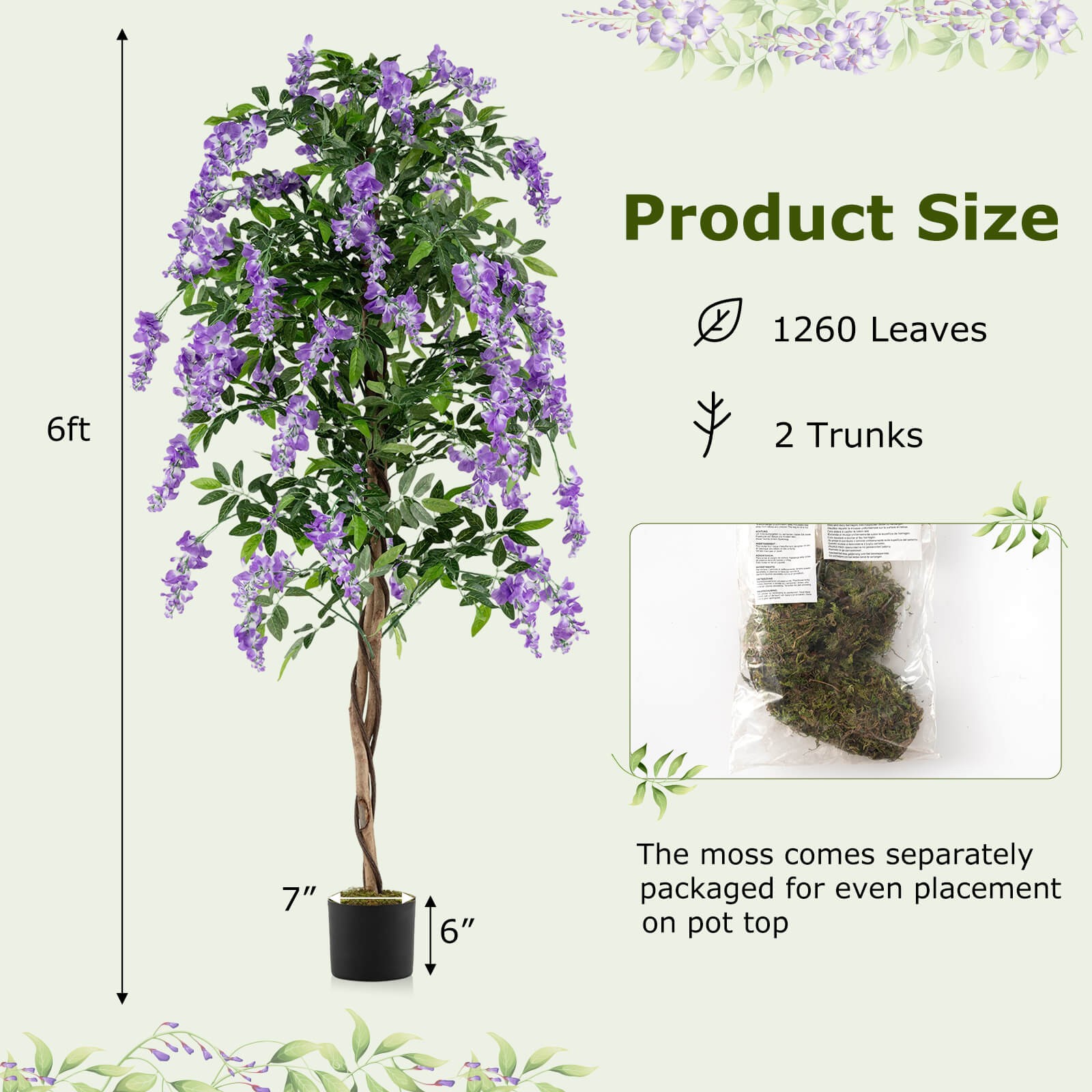 6 FT Artificial Wisteria Tree Set of 2 w/Natural Trunks Purple Lifelike Flowers