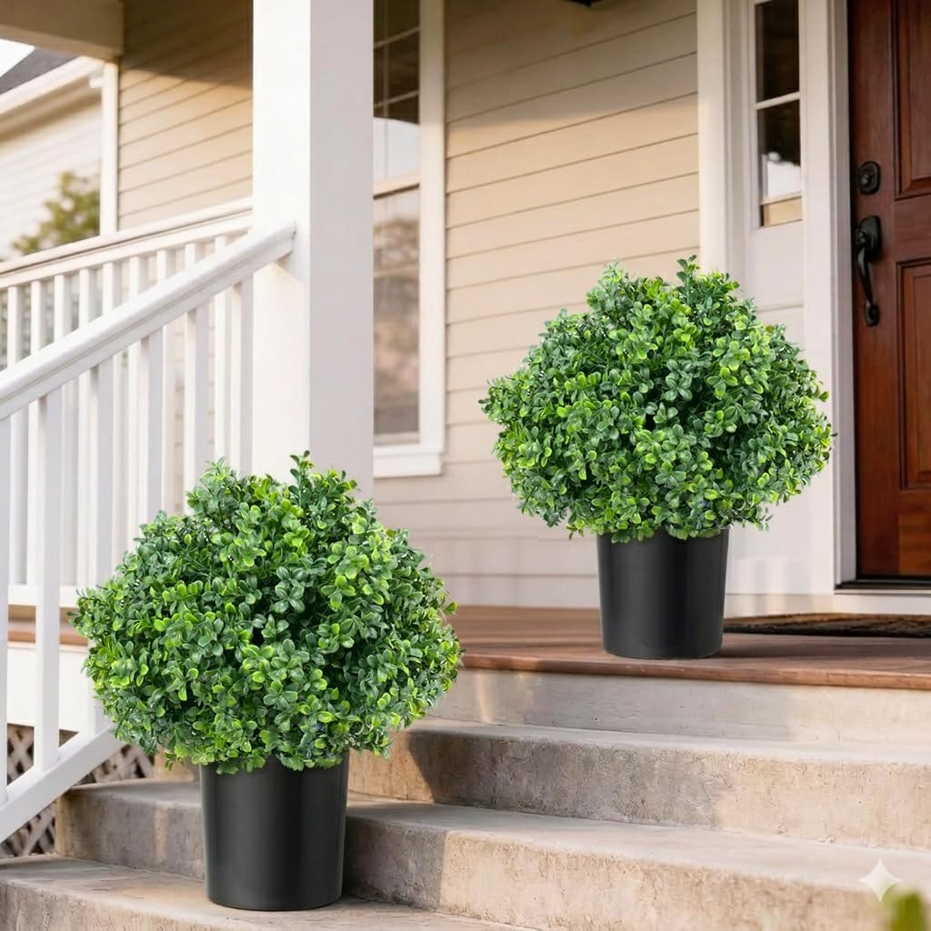 Set of 2 Faux Boxwood Topiary Trees – UV-Resistant Potted Greenery for Home, Gar