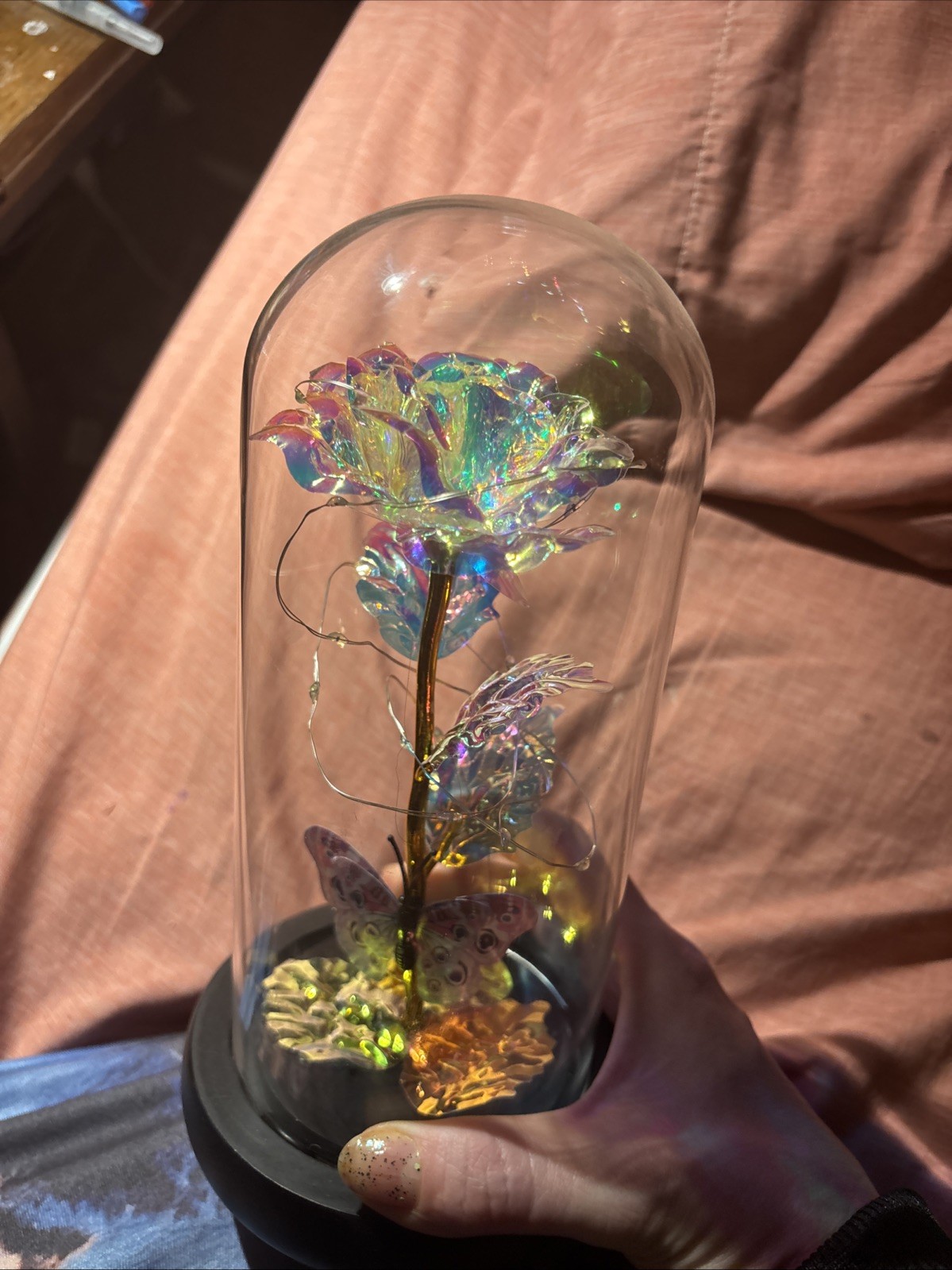 Eternal Blue Rose Flower in Glass Dome LED Light. New No Box. 8″