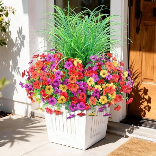 Artificial Flowers for Outdoors, 14 Bundles UV Light Purple Orange Yellow Red