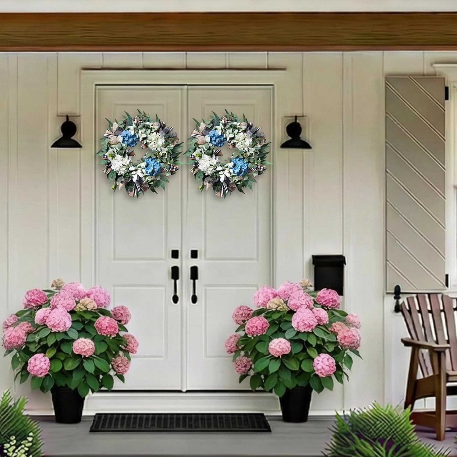 Farmhouse Hydrangea Wreath – -Round Spring Summer Decor