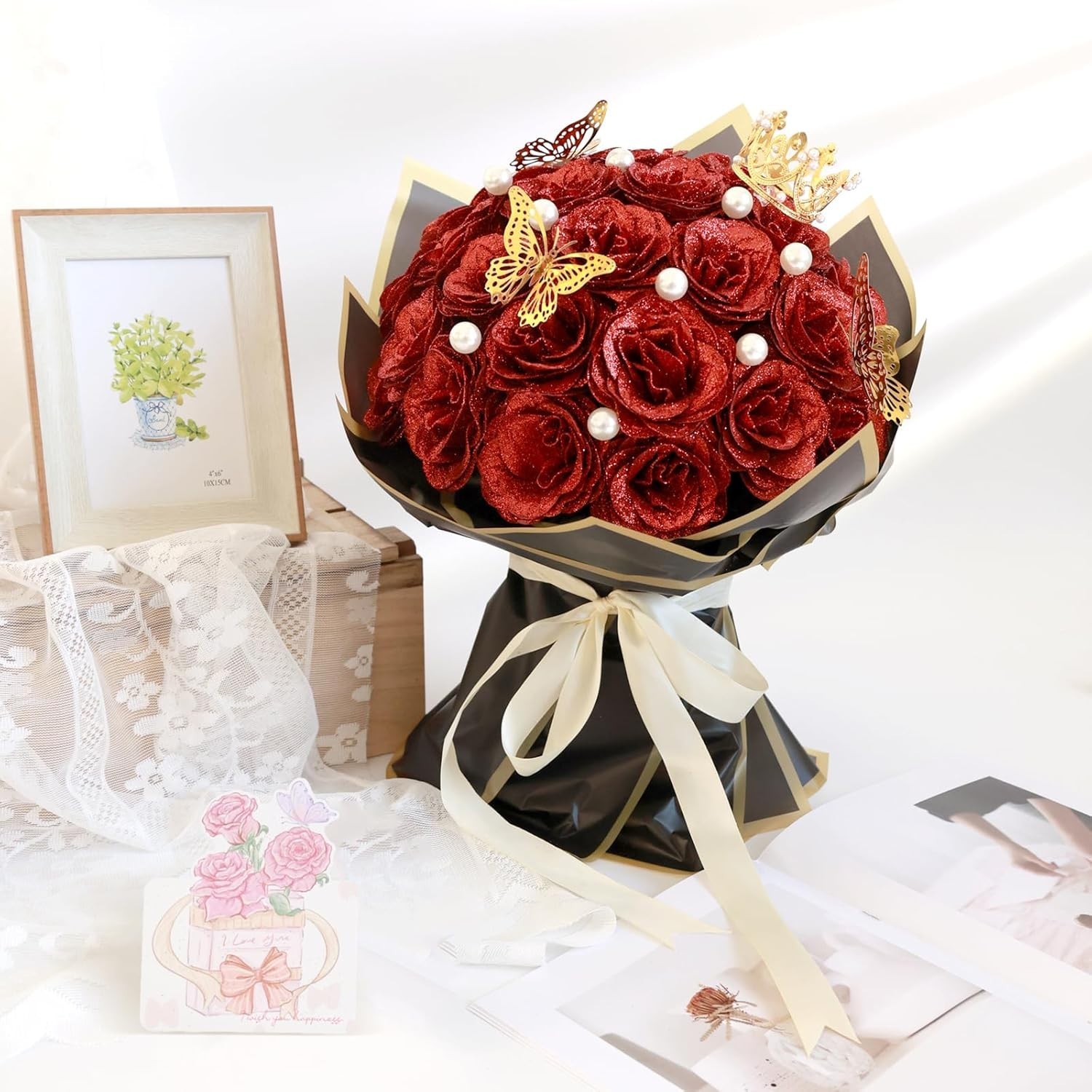 Red Glitter Roses Bouquet DIY Fake Flowers Bouquet Everlasting Shiny Artifici…