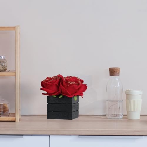Artificial with Wooden Vase Silk Red Glitter Rose in Black Wood Box Red Roses
