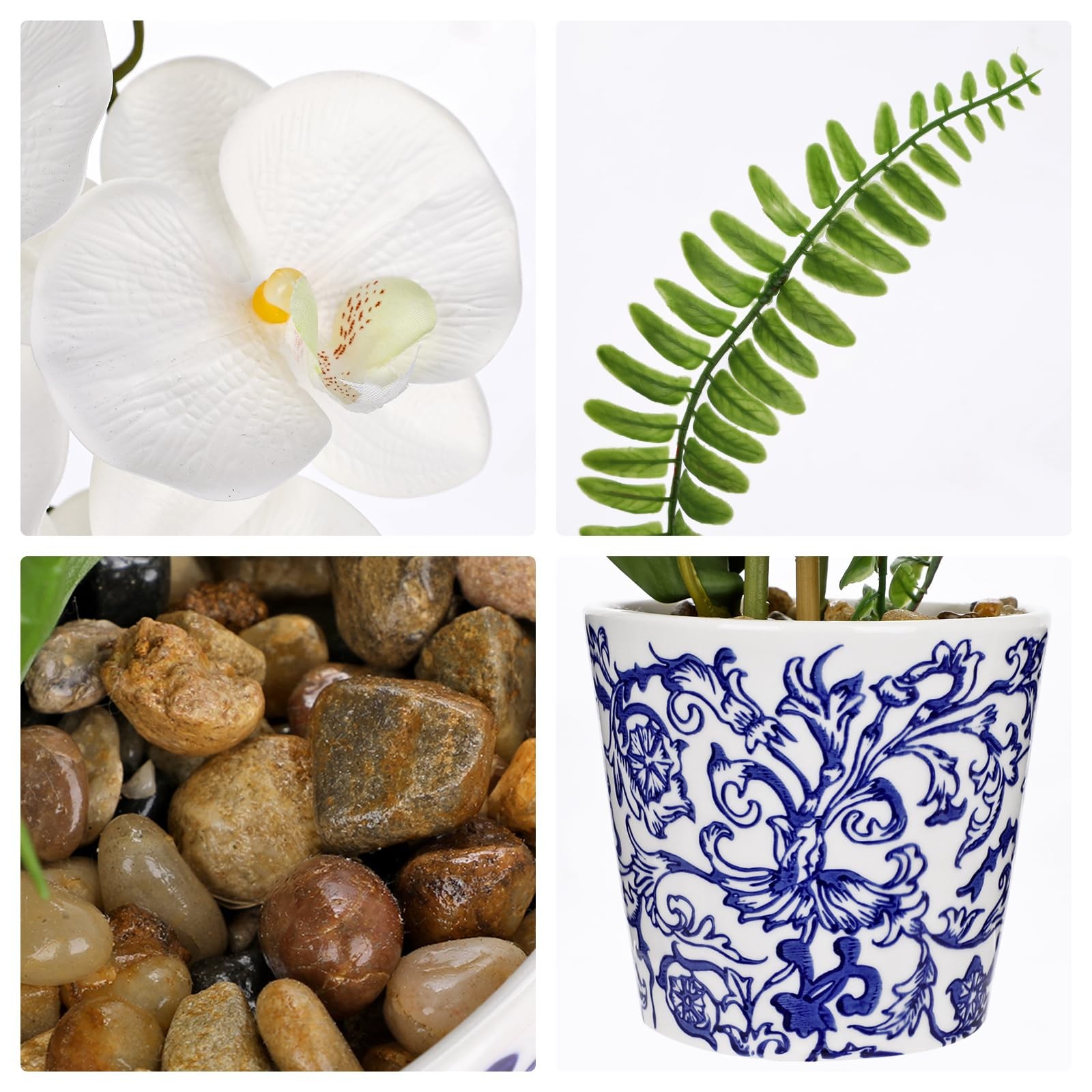 White Orchid Artificial Flowers Blue and White Pot 15.7″ Silk Fake Plant