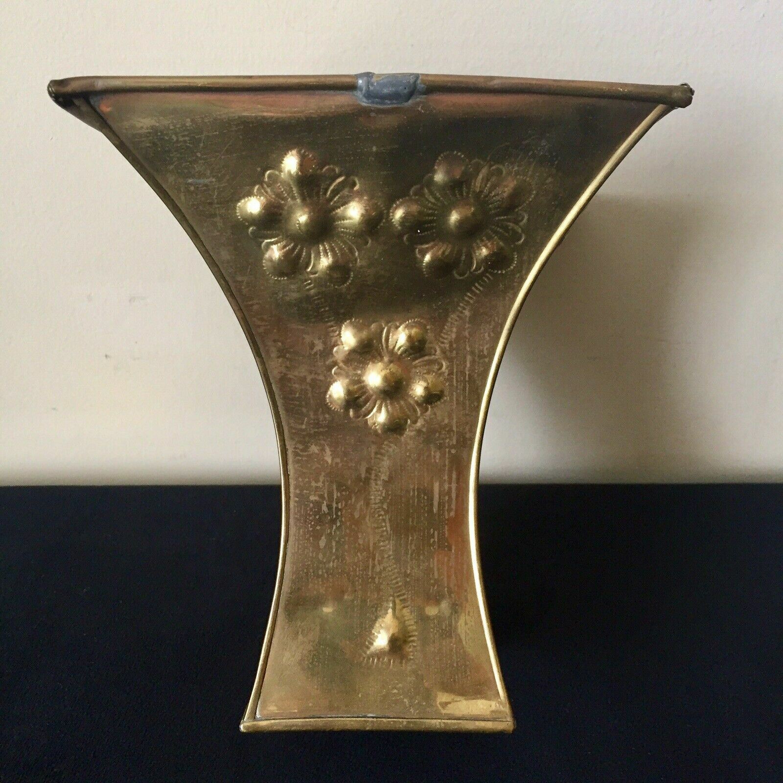 Vintage Planter Container Embossed Flowers on Brass 7″High 6″Square Opening