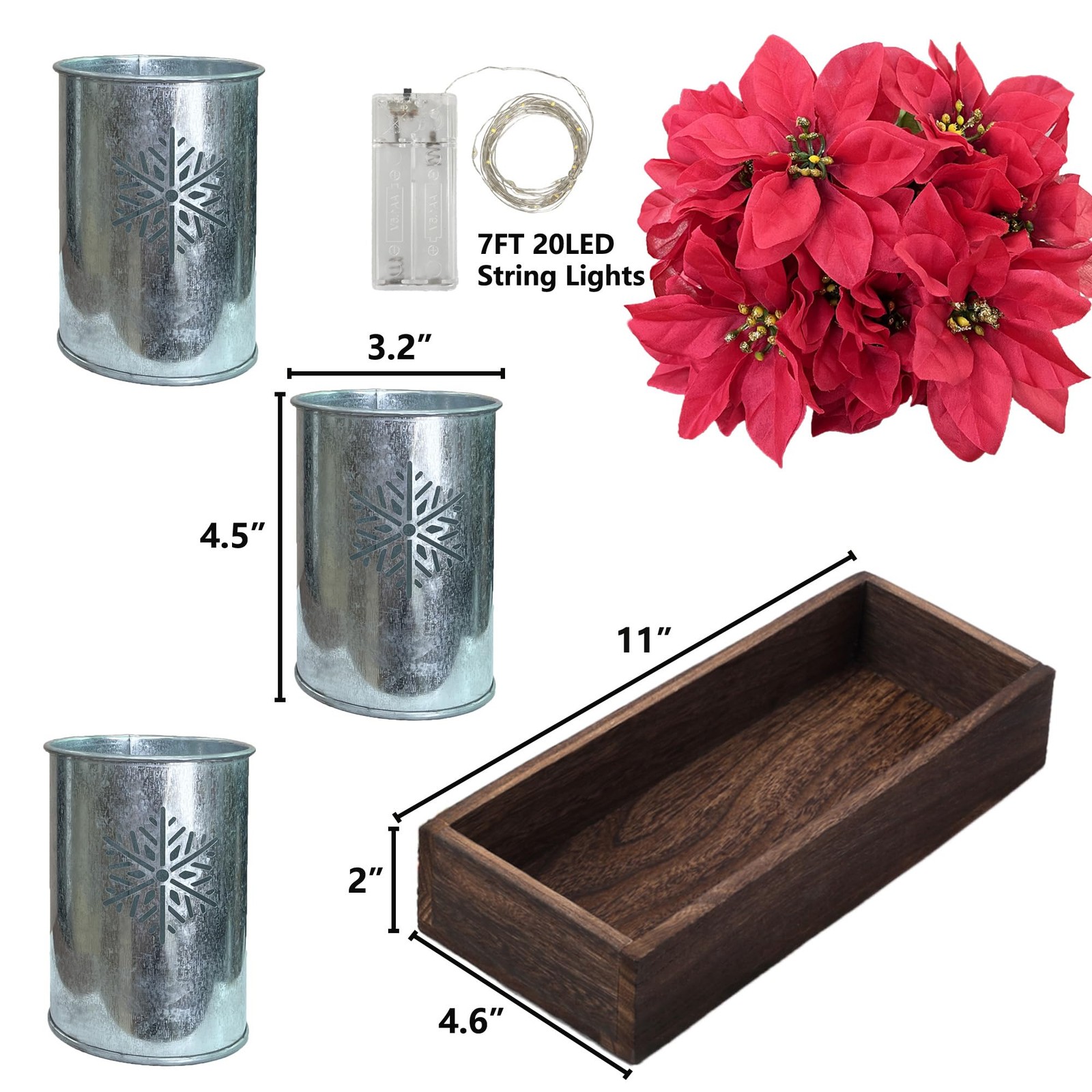 3 PCS Artificial Poinsettia Flower Arrangement Galvanized Pot Wood Tray Lights