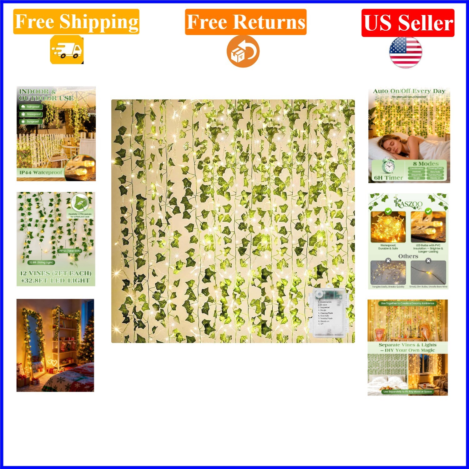 84Ft Artificial Ivy Garland 12 Pack with 80 LED String Lights, Waterproof