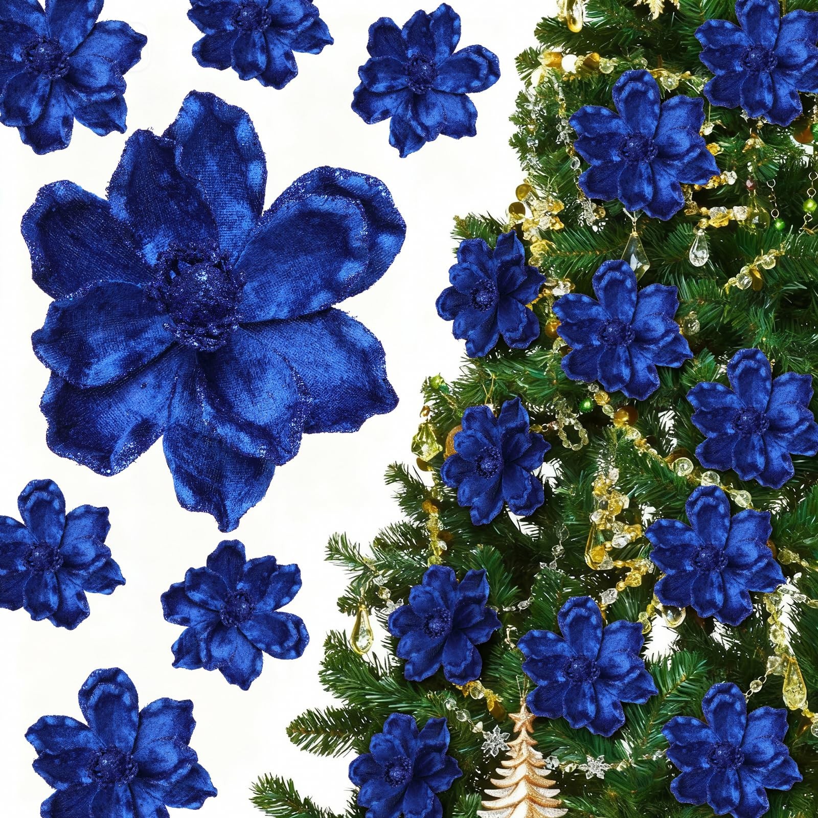 20 PCS Dark Blue Christmas Glitter Poinsettia Magnolia Flower Large Ornament