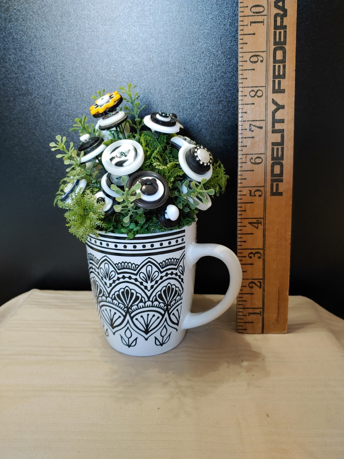 Button Bouquet in black and white floral/fleur di lis pattern mug. pop of yellow