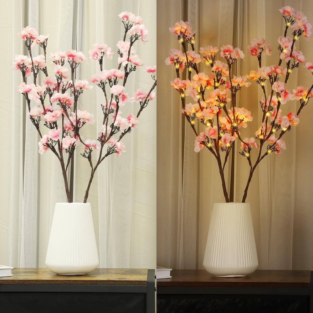 30 In. Pink Artificial Plum Blossom Lights Home Decoration 2Pcs Set Individual F