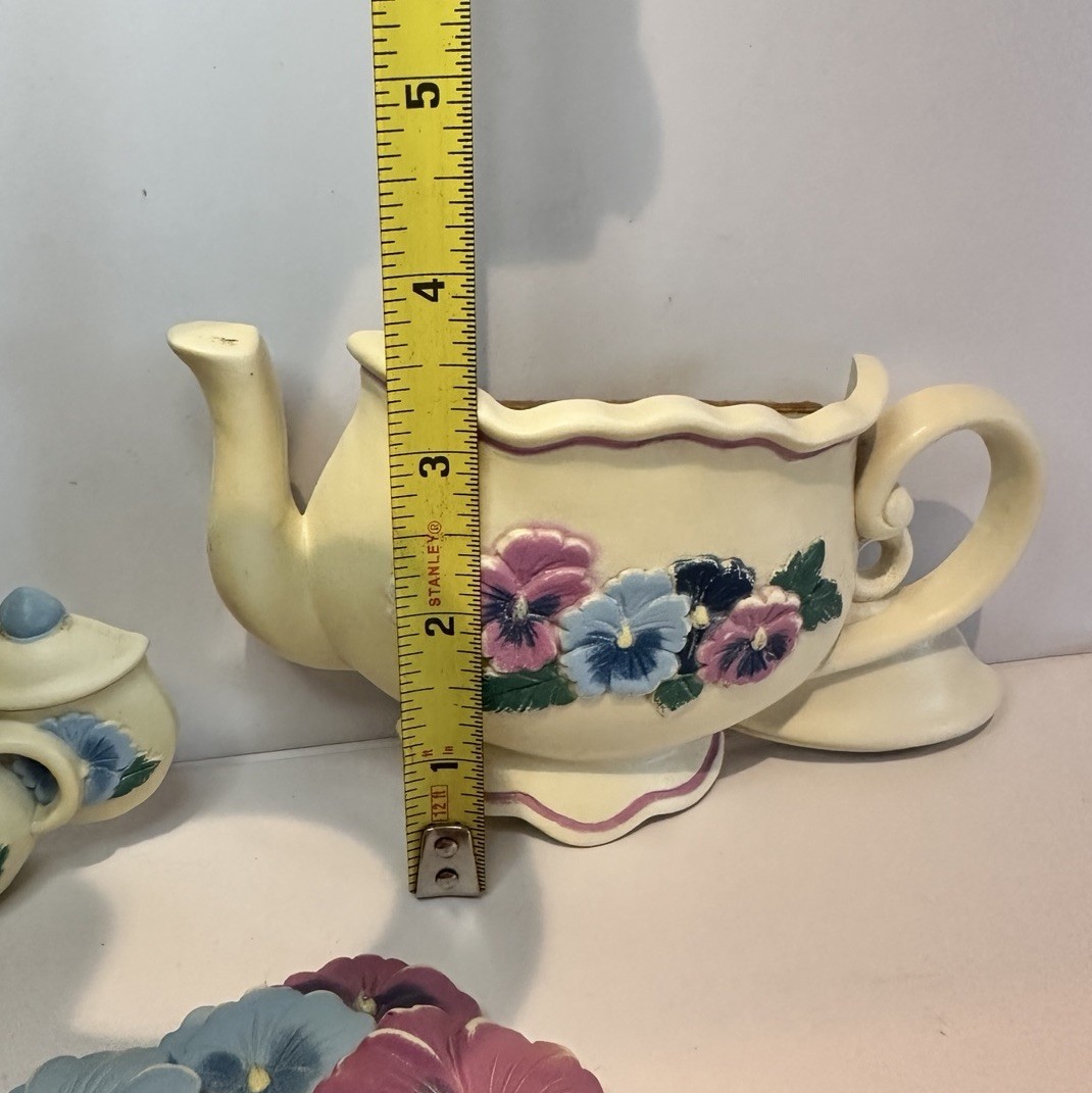 Vintage Burwood Pansy Flower & Teapot Wall Hanging Plaques Set (3)