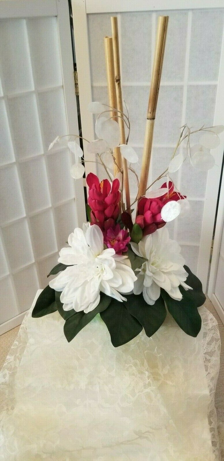 Tropical, Exotic, Silk Floral Arrangement, 21″Bamboo, White Lily, Luau, Fuchsia 