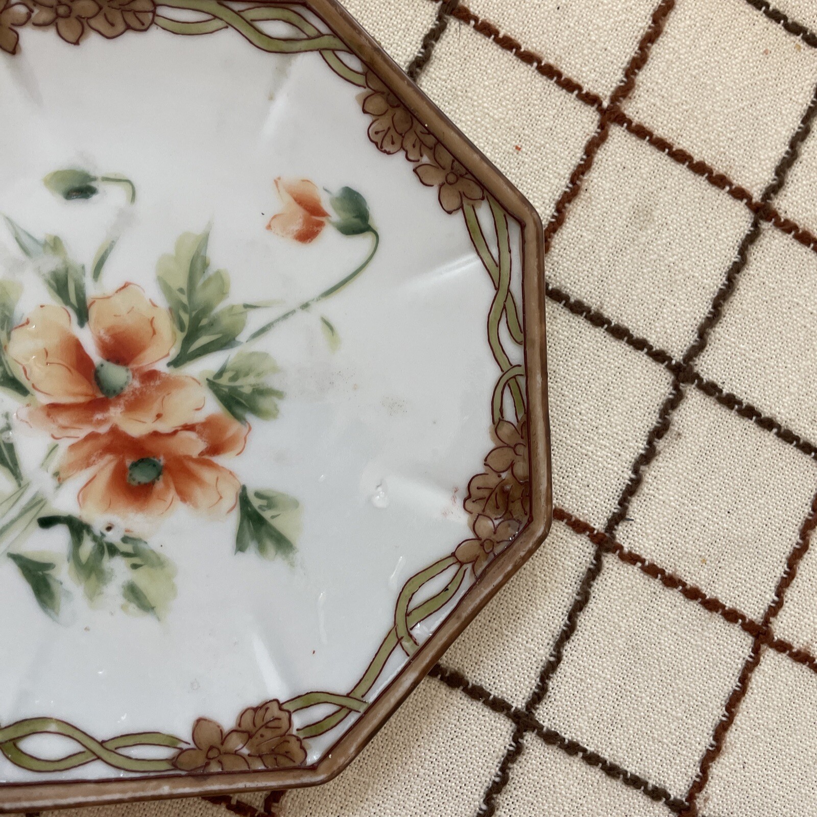 Antique NIPPON porcelain footed Planter Plate Poppy flowers Sun mark