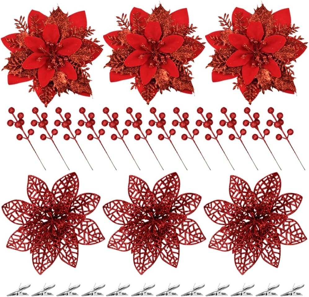 24pcs Christmas Glitter Tree Picks, 12pcs Poinsettias Artificial Flowers Red