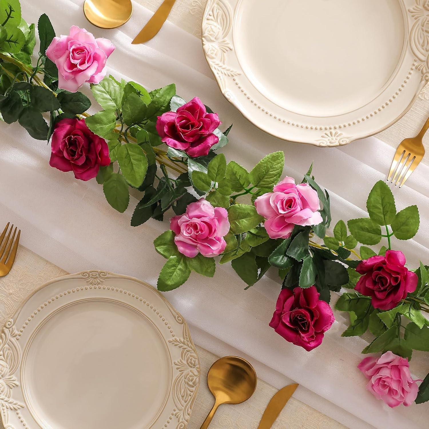 2 Pack Artificial Rose Garland Fuchsia Pink Silk Flower Vines for Wedding Hom…