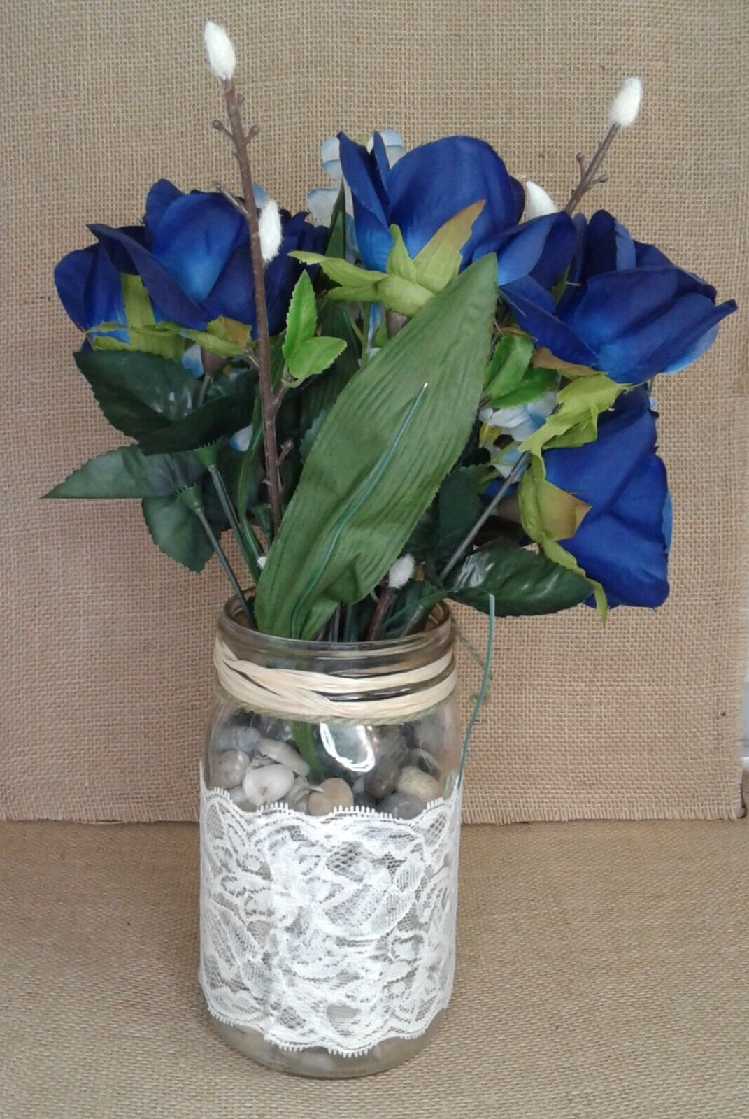 Navy Blue Roses Mason Jar Floral Arangement Original Country Chic Decor 1435