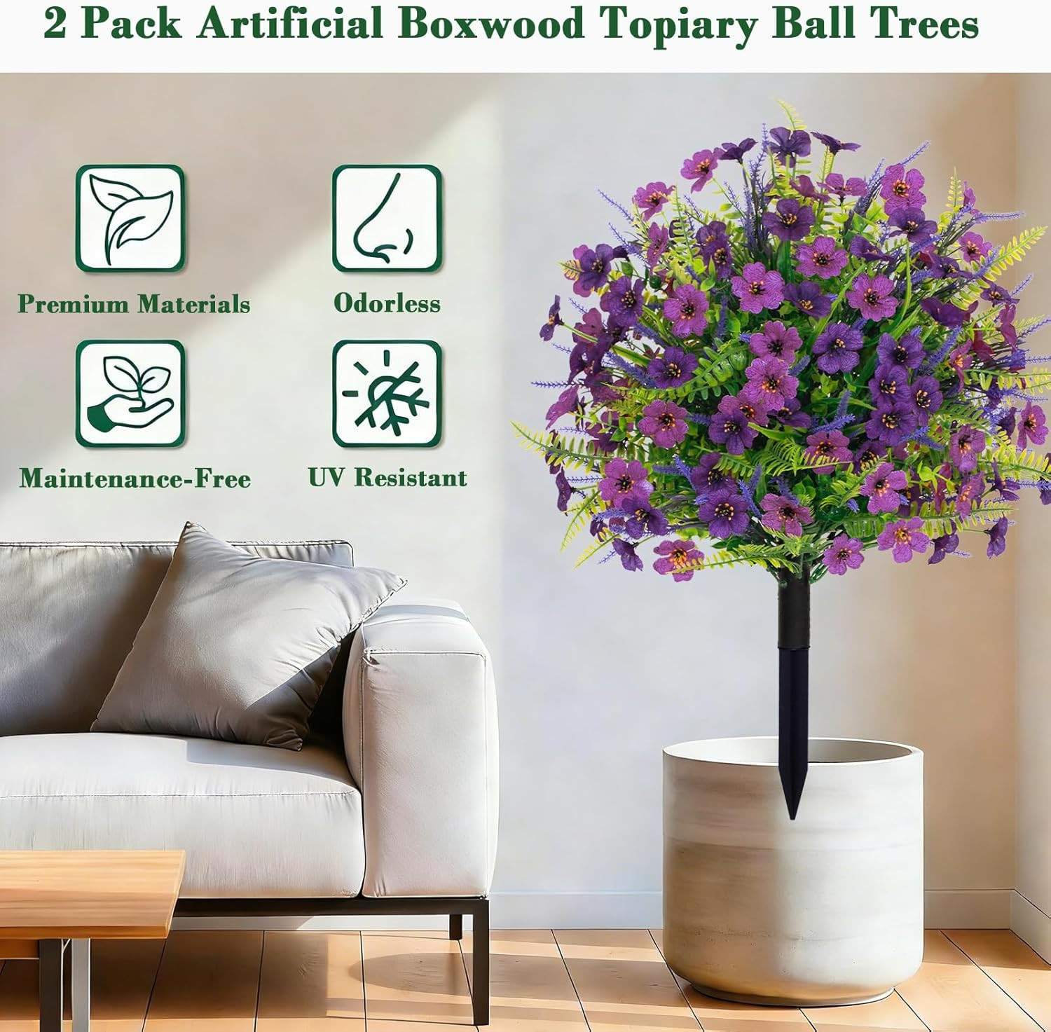 2PACK Artificial Topiary Ball Flowers Boxwood Lavender Plants with Spike,Outdoor