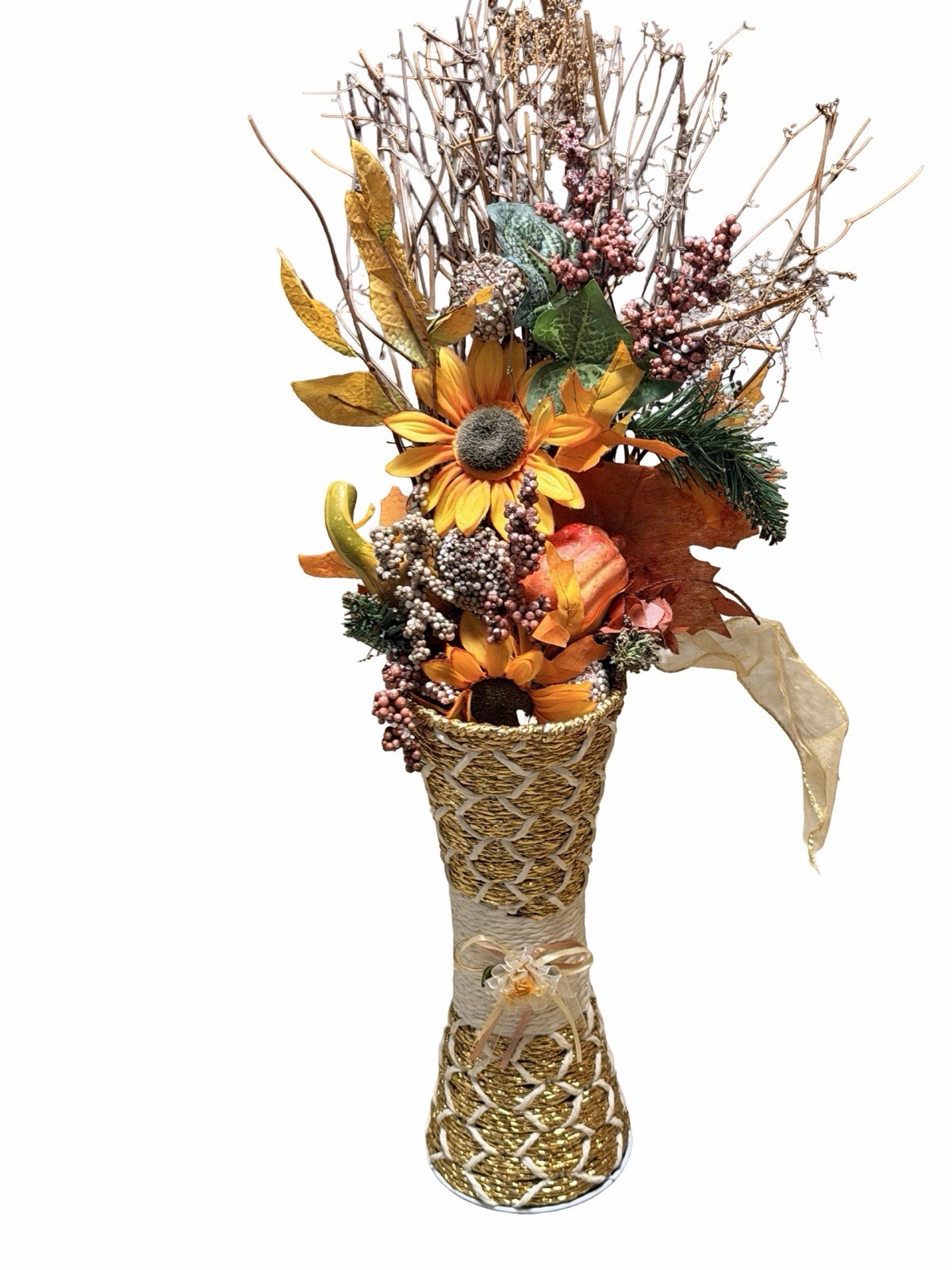 Fall Floral Arrangement Sunflower Twig Vase Autumn Harvest Centerpiece 23”