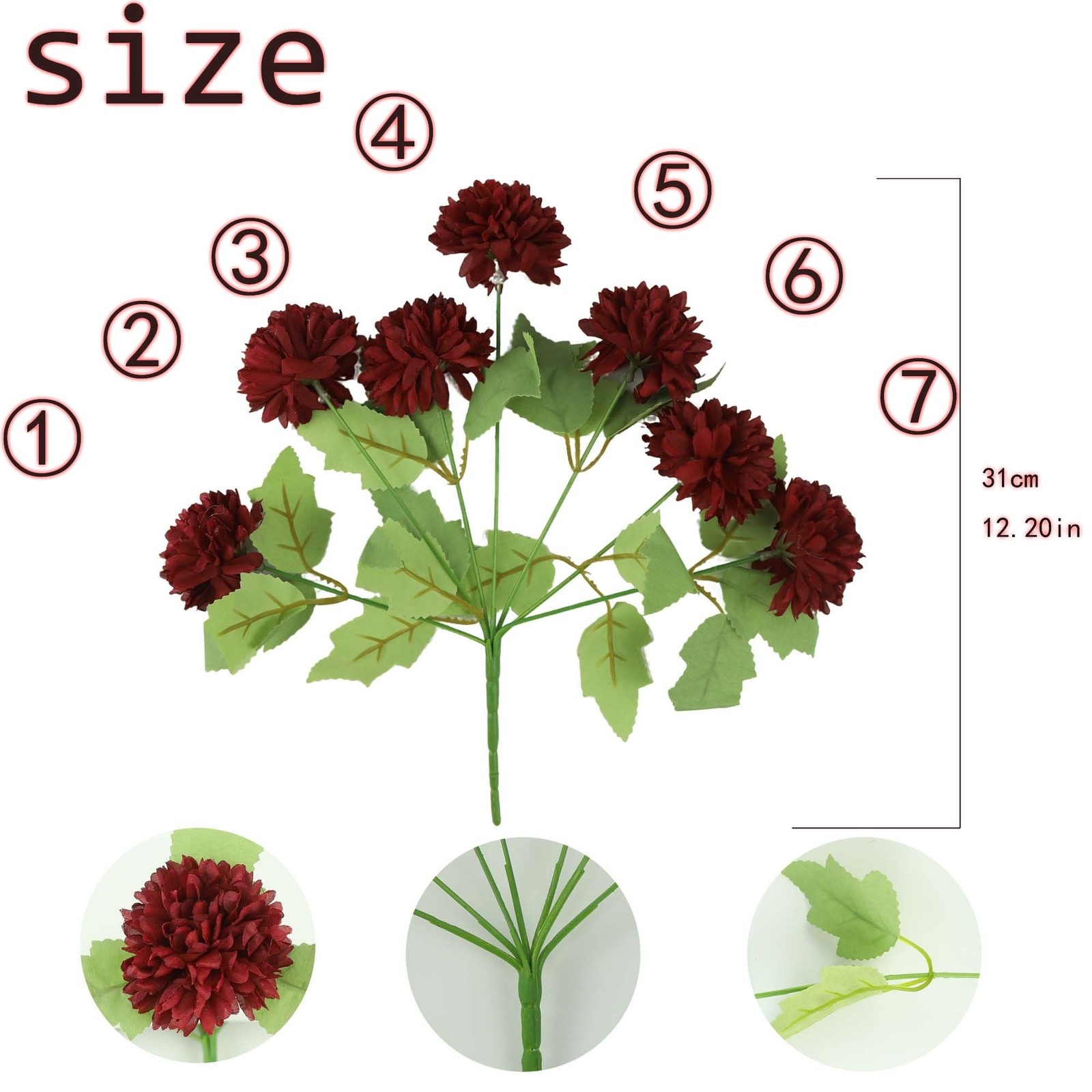 6 PCS Burgundy Artificial Silk Flowers Ball Chrysanthemum Bouquet Imitation