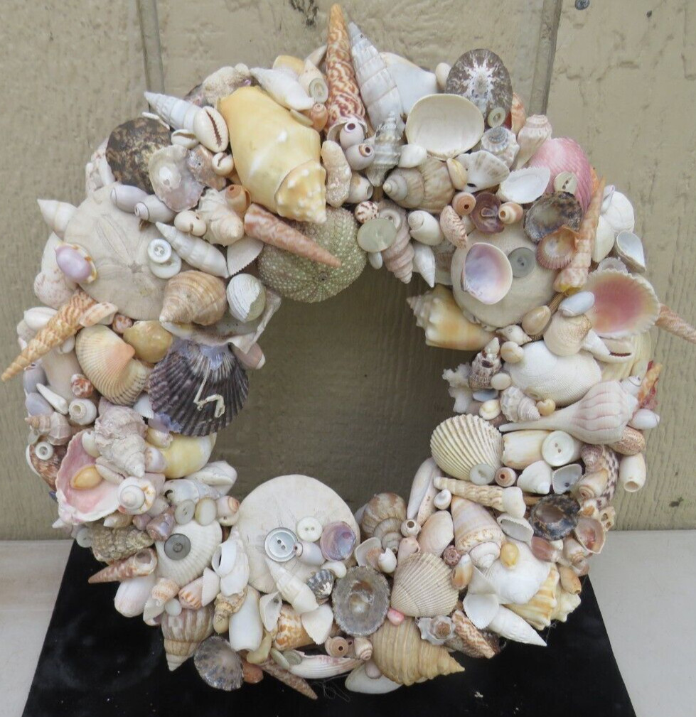 LARGE NATURAL HANDCRAFTED SEASHELL WREATH 14″ BEACH SEASHORE COASTAL DECOR