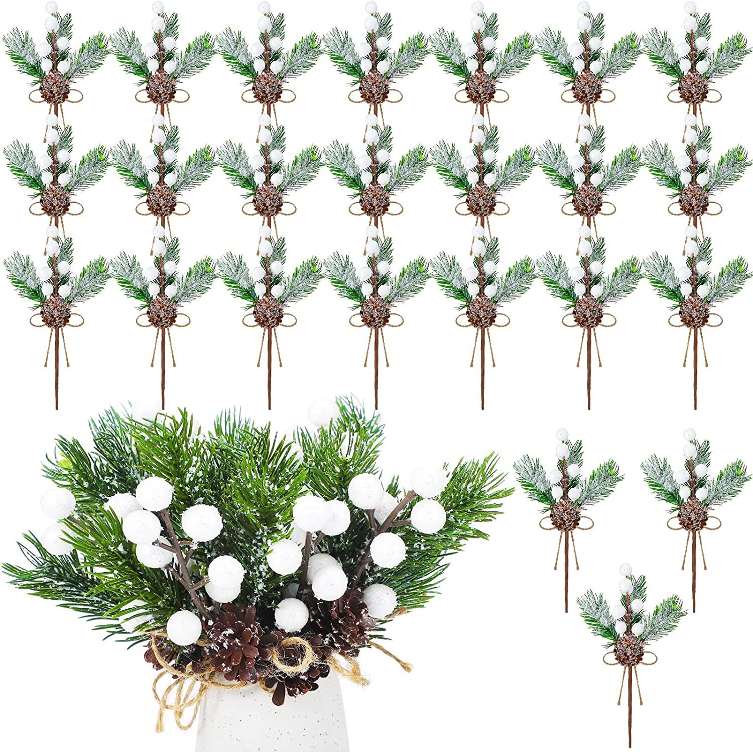 10×Pieces Artificial Pine Picks Christmas Tree Picks with White Berries Pinecone