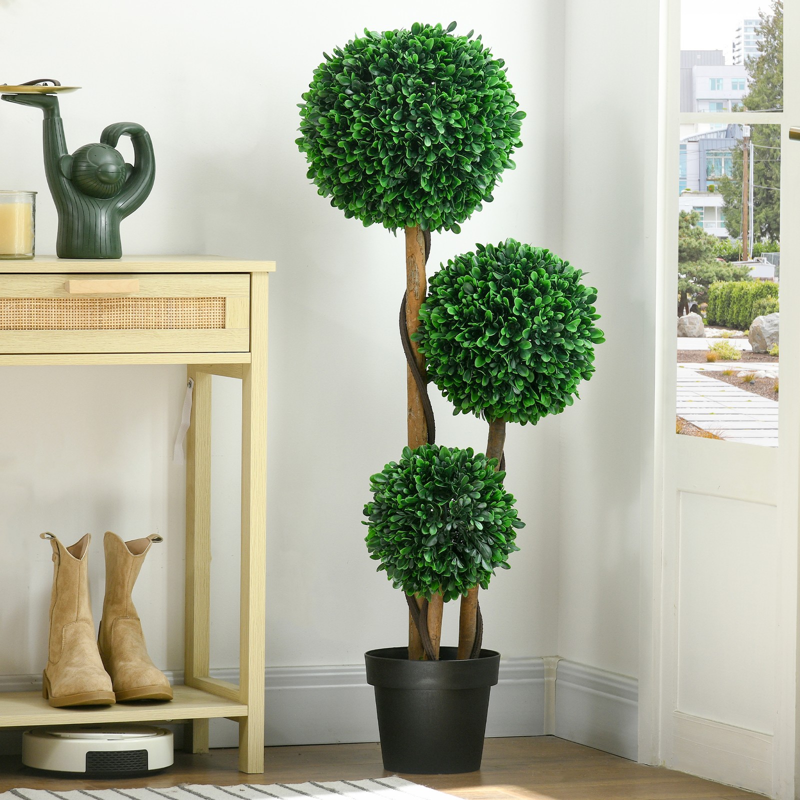 3.5ft Artificial Tree, Triple Ball Boxwood Topiary with Pot Sandalwood Leaves