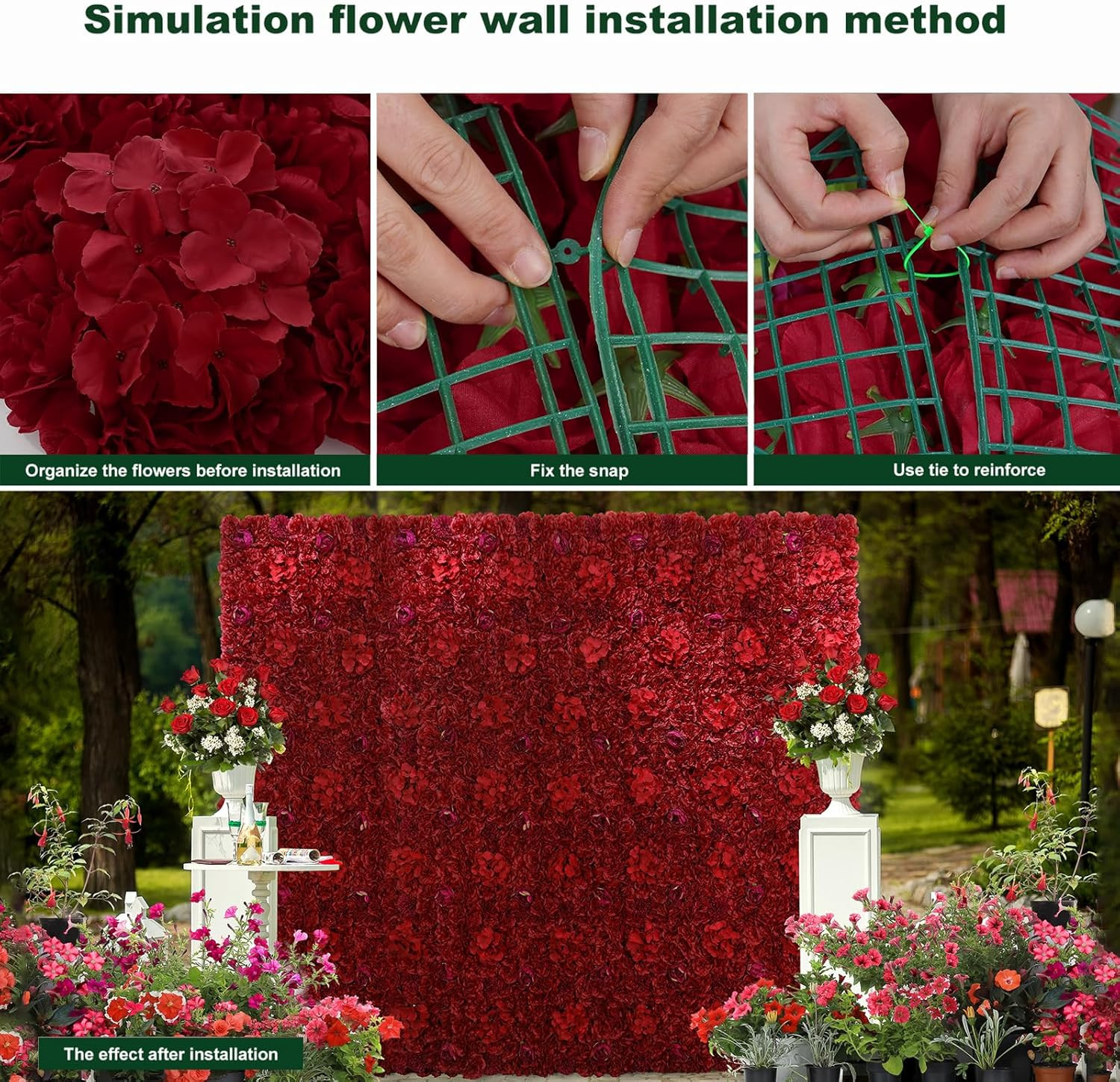 Maroon Flower Wall Panel Set – 12 Pcs Silk Rose Backdrop for Events & Home Decor