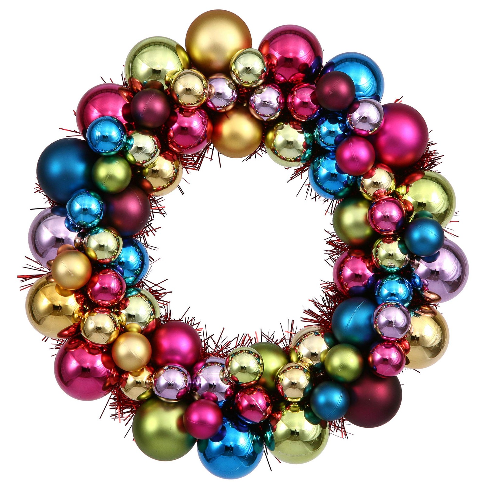Pemberly Row 24″ Contemporary Plastic Ball Wreath in Shiny and Matte Multi-Color