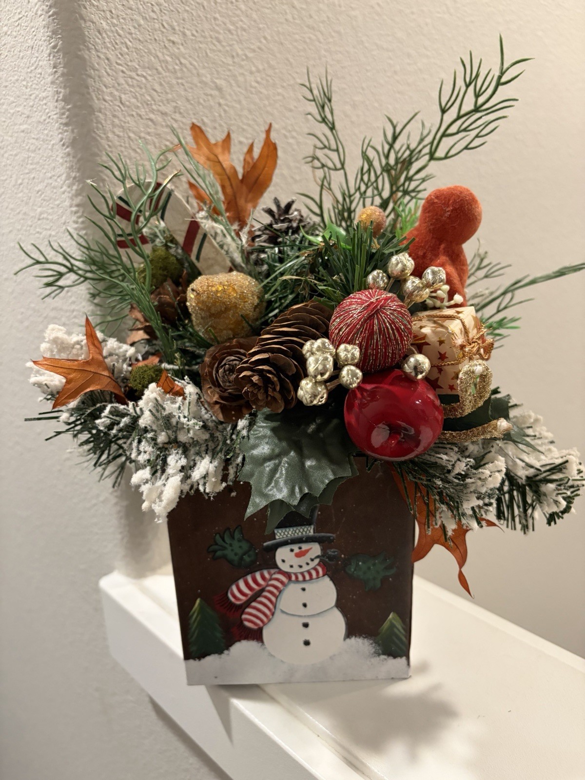 Painted Snowman Tin Bucket w Artificial Pine Table/Wall Arrangement ~Christmas