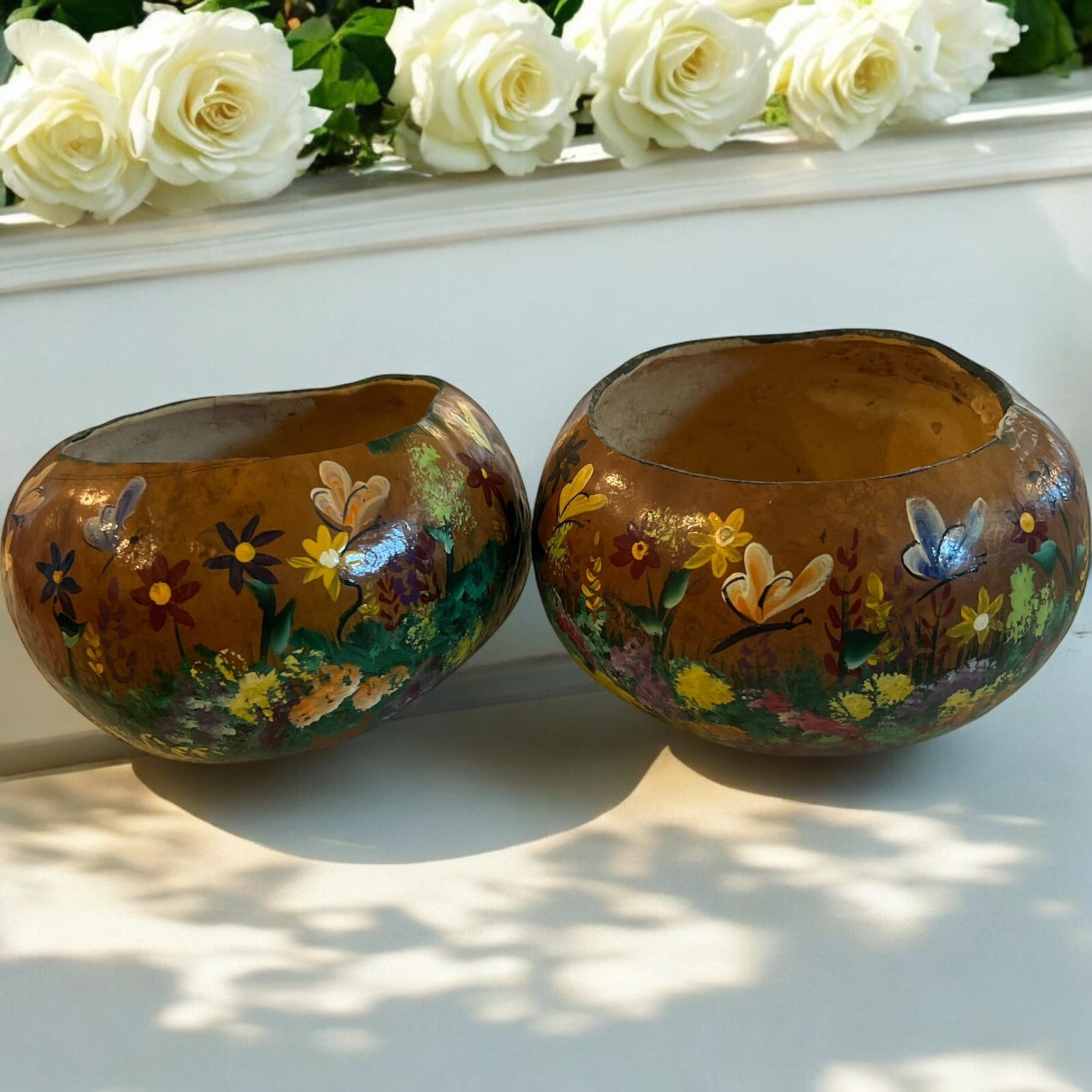 Hand Painted Gourd Bowls Lightweight Floral Butterflies Cottage About 7×5” SET