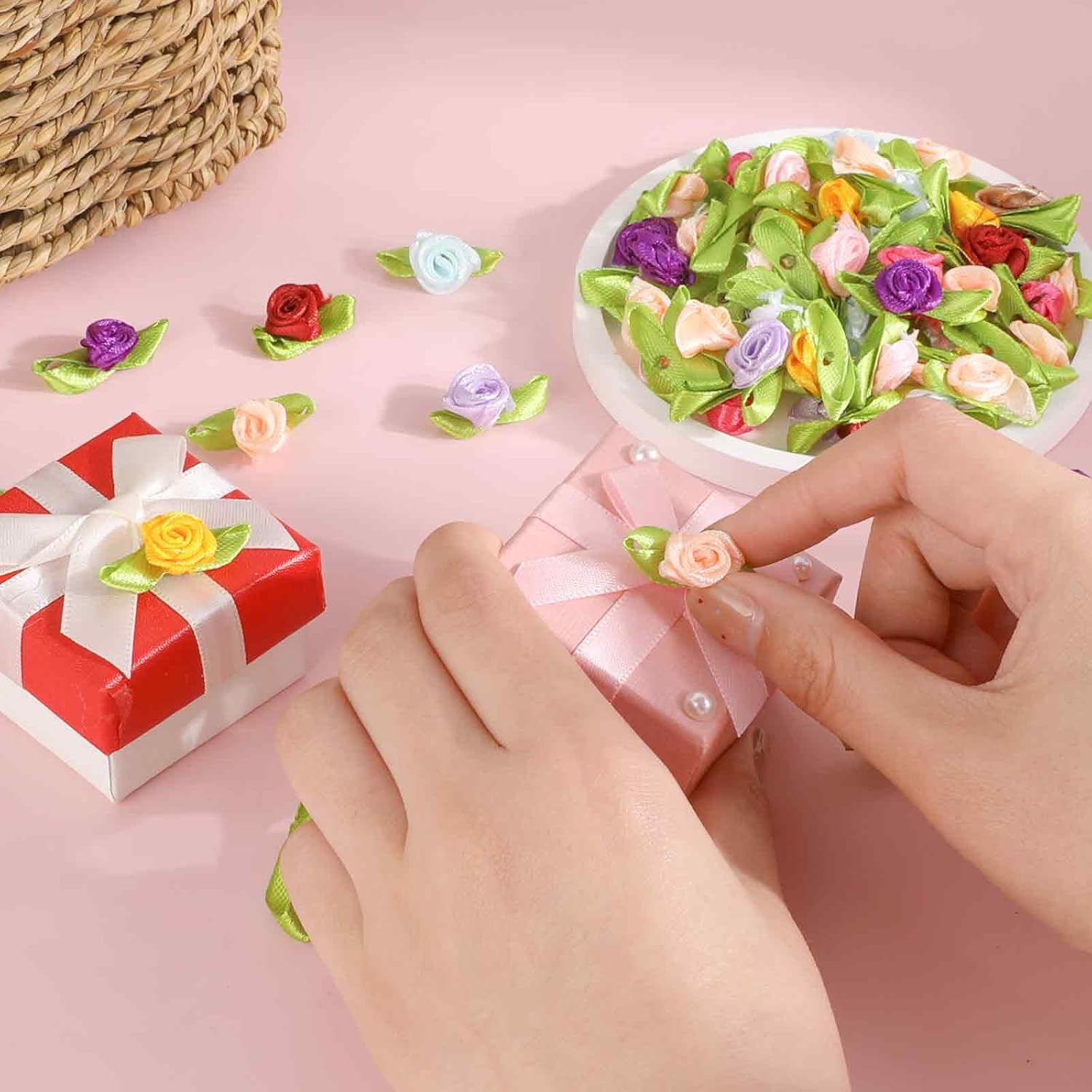 100 Pcs Mini Flowers for Crafts Multicolor Mini Roses Satin Roses with Green Lea