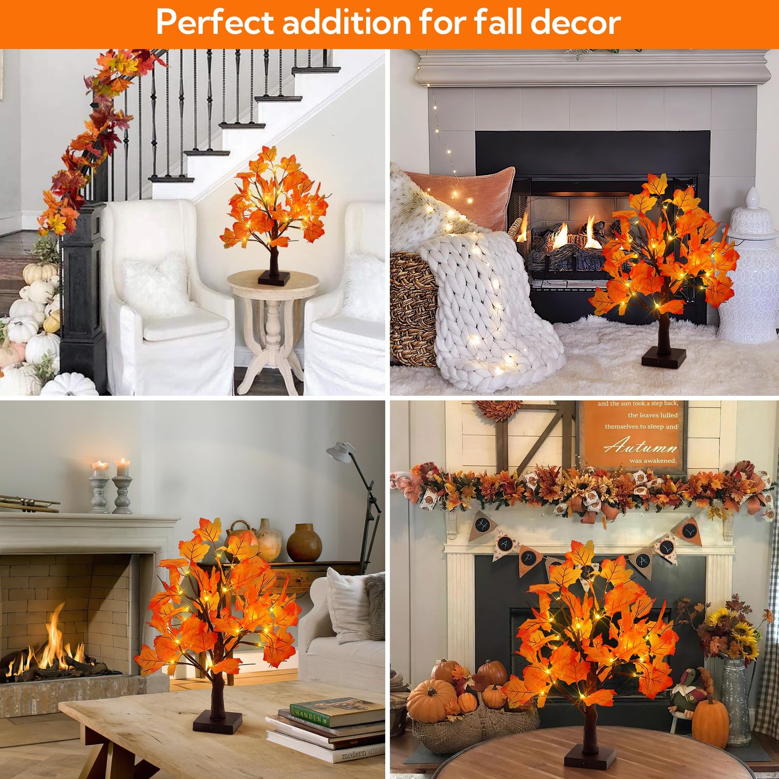 Woohaha 24LED Fall Tree Lighted Maple Tree,Thanksgiving 1ft 8in, Orange