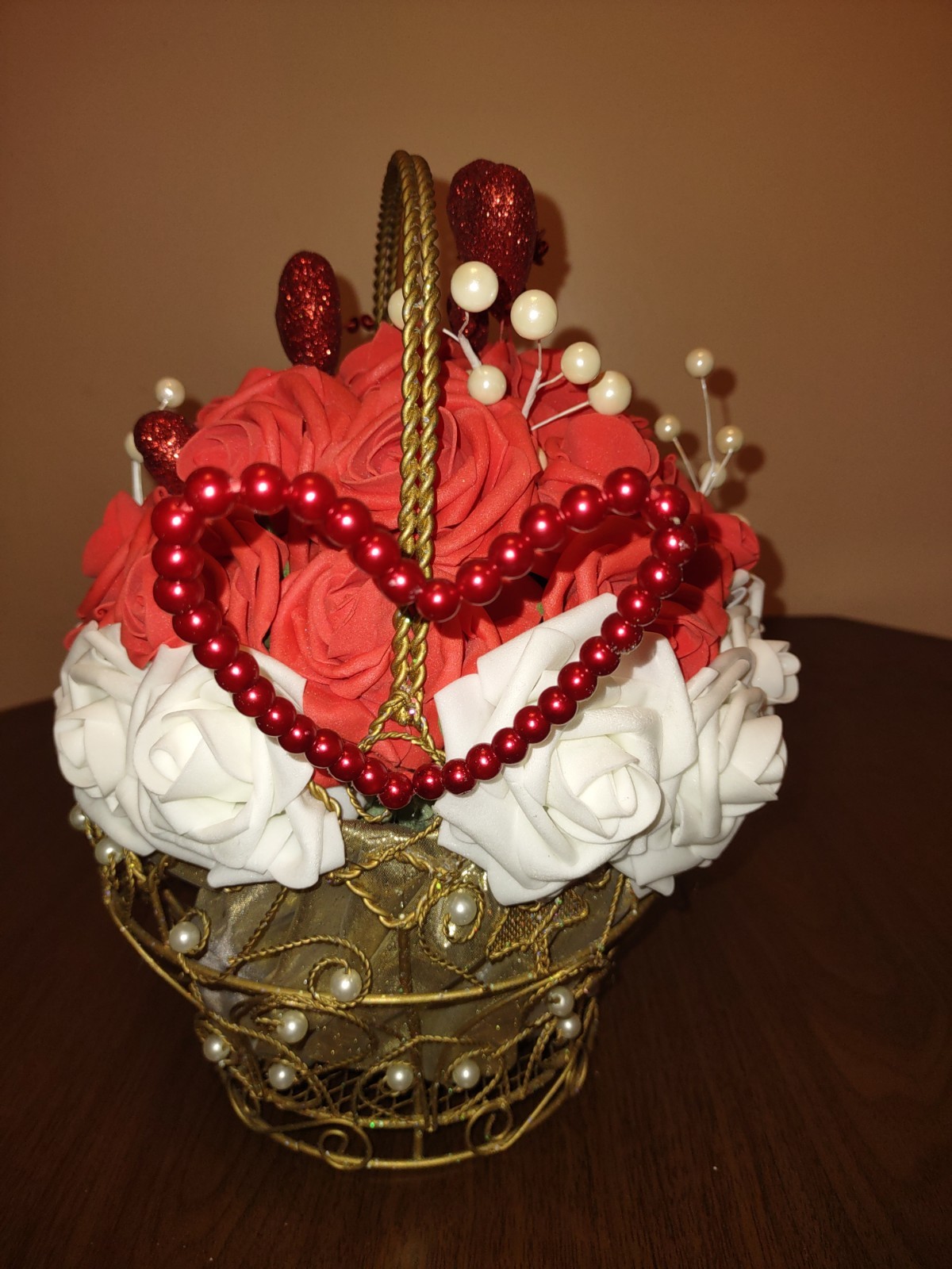 Centerpiece Valentine’s Day Faux White And Red Roses In Gold Tone Metal Basket