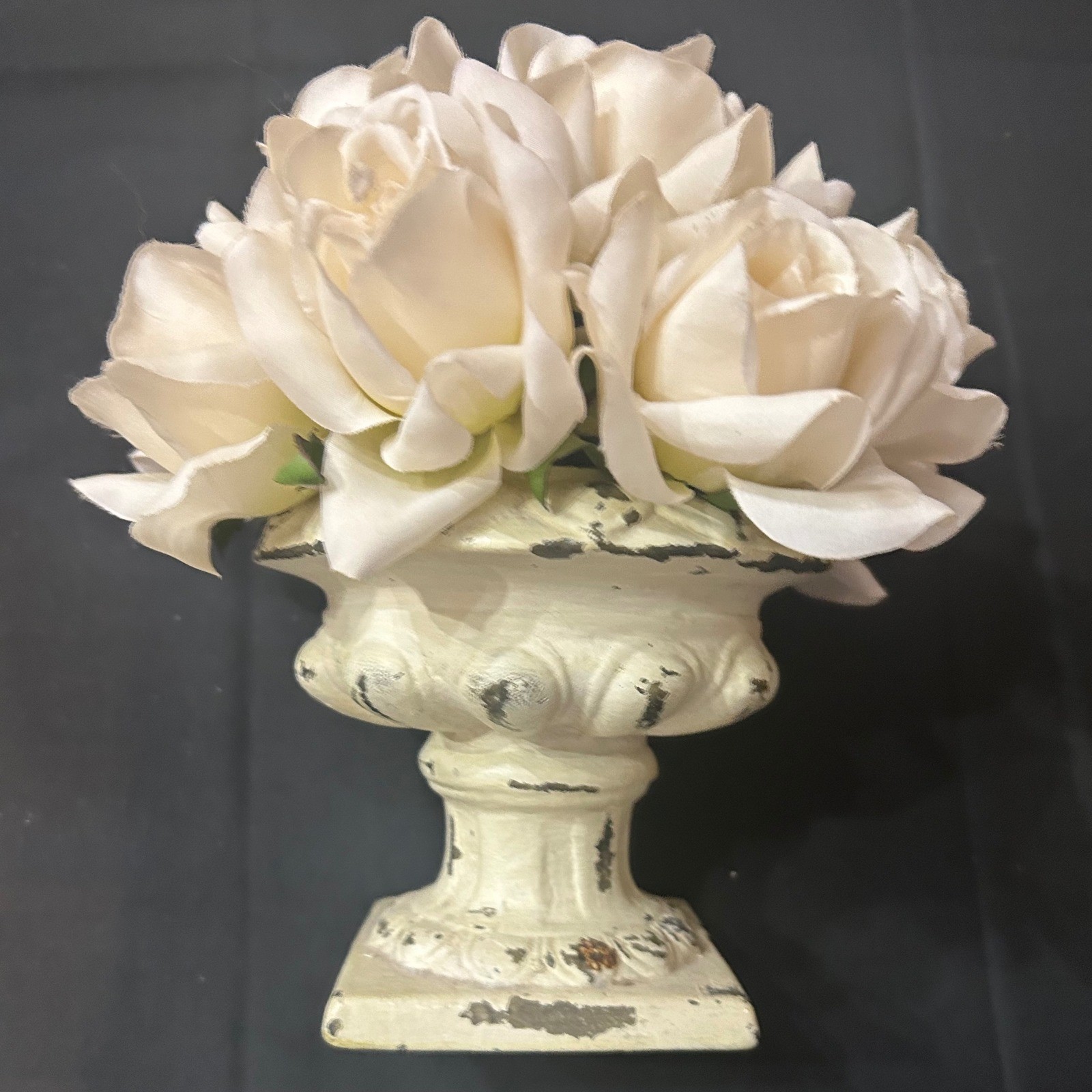 Distressed Cream Urn Planter w/White Faux Roses French Country Floral Home Decor