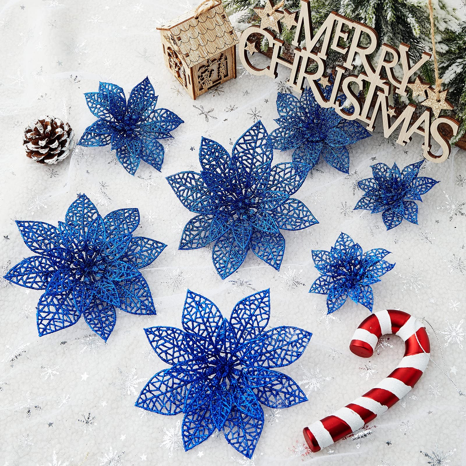 24 Pieces Glitter Poinsettia Flowers Christmas Tree Ornaments, Glitzy Poinset…