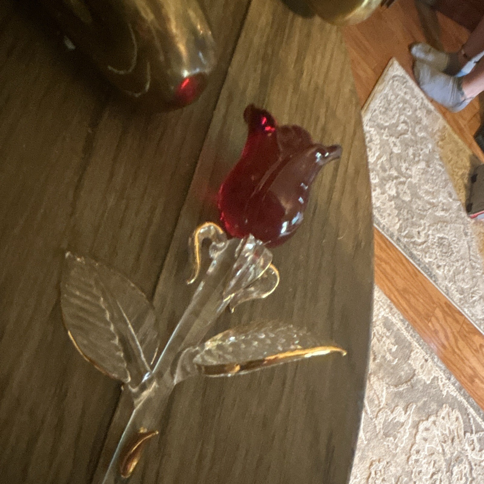 Glass crystal rose Flower Stem Figurine, Red with Clear Stem and Leaves