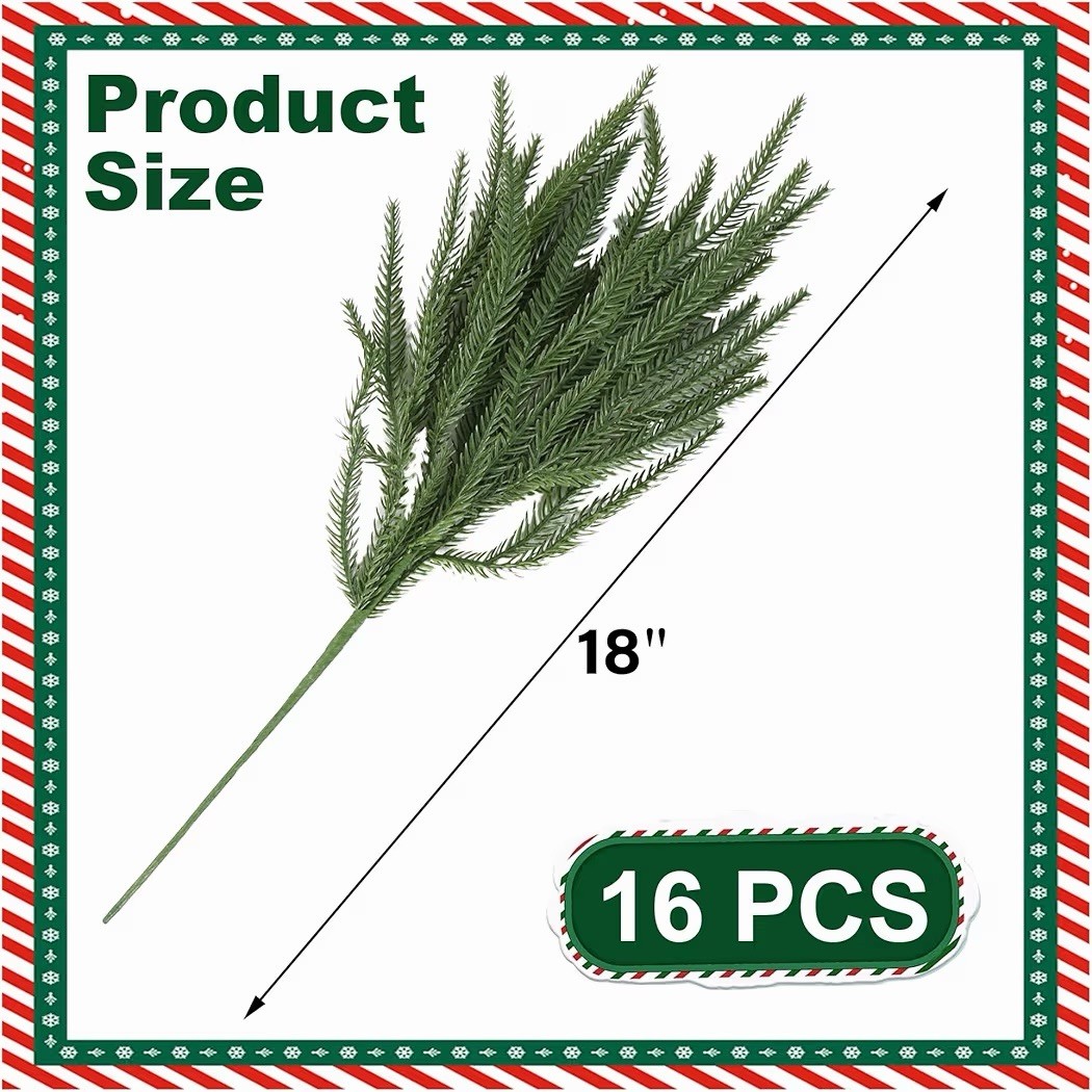 18” Norfolk Pine Stems – 16 Pack Real Touch Artificial Greenery Stems for Vase