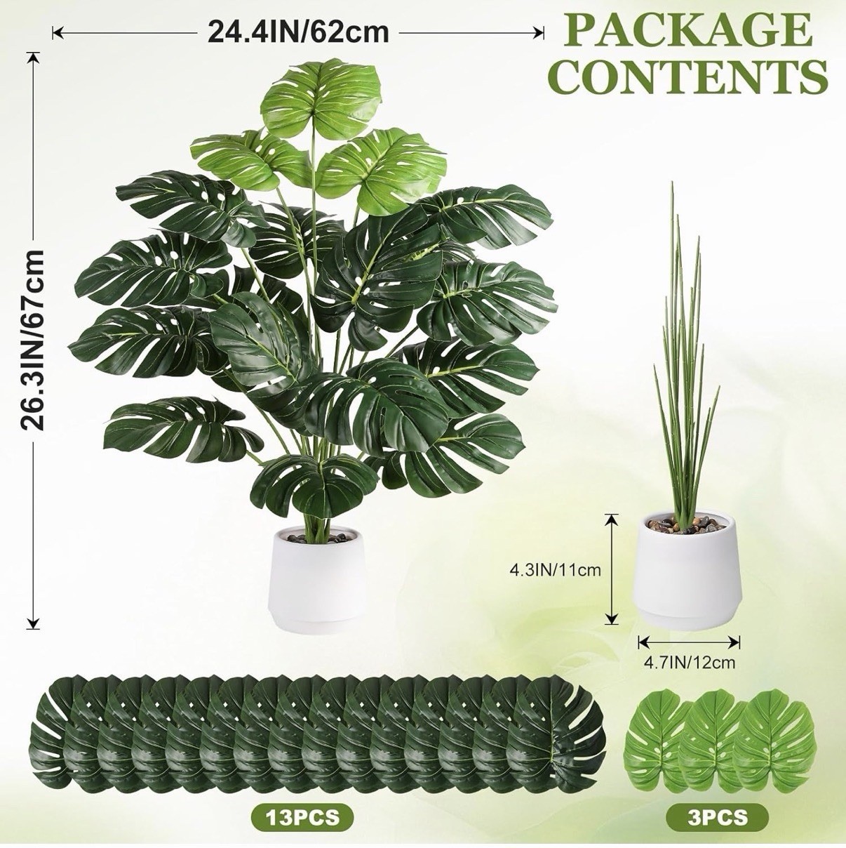 Artificial Monstera Houseplant, 26.3in, 16 Leaves, White Pot