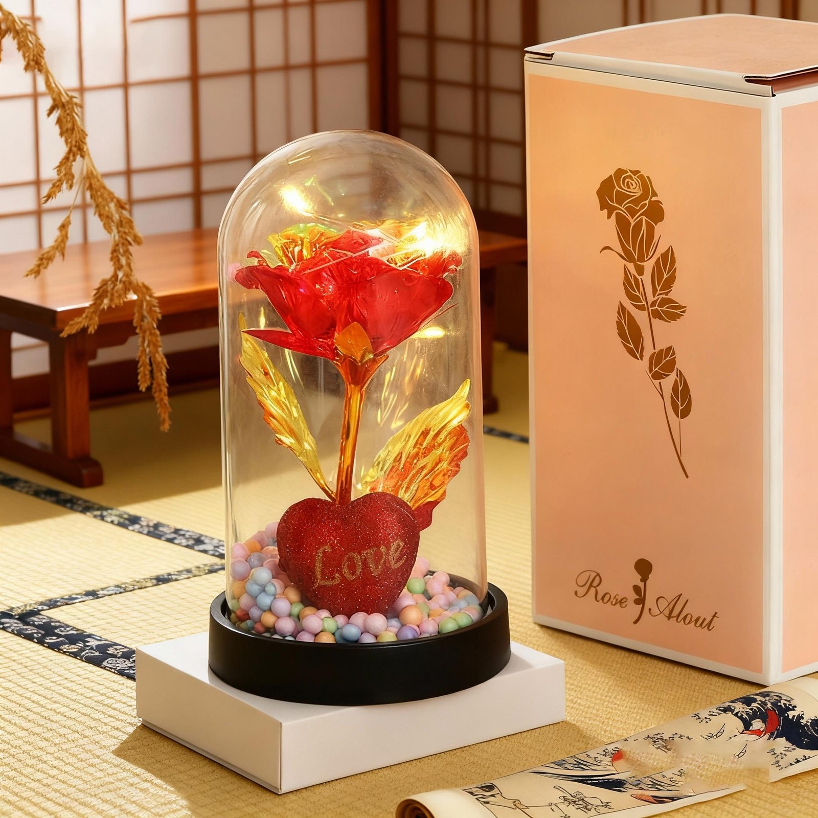Golden Foil Flower with Lamp Eternal Rose Night Light Simulation Rose Desktop De