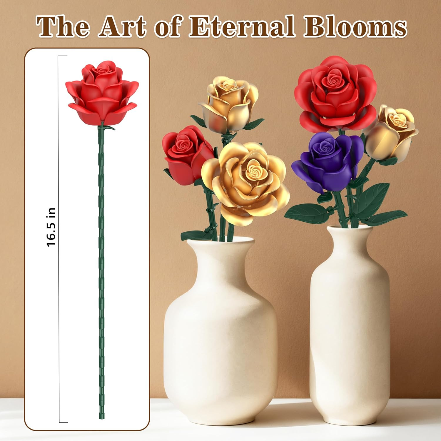 Rose Bouquet Flowers Building Set, 501Pcs Red Purple Golden Roses Artificial Flo