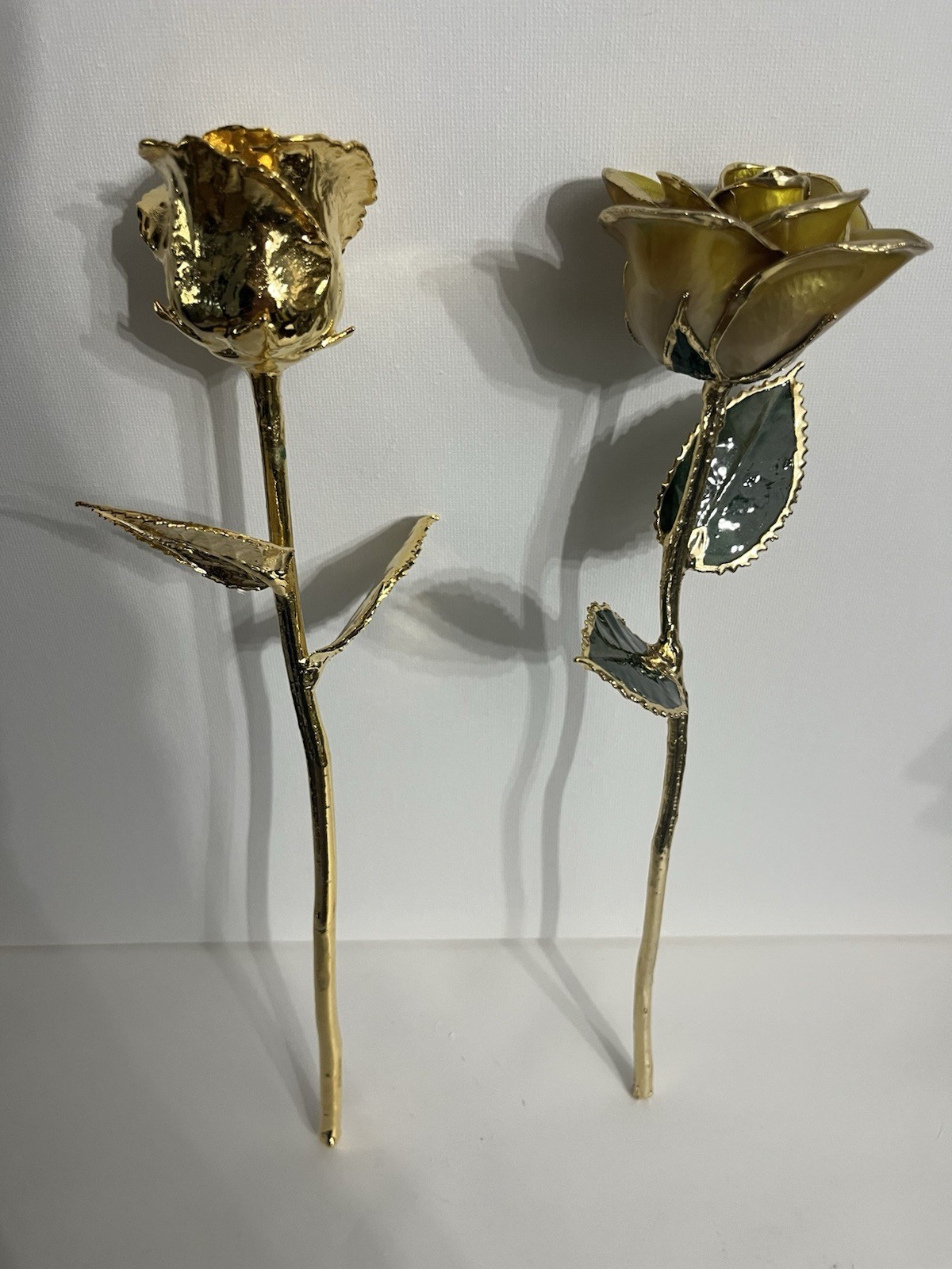 Lot of 3 Metal Artificial Rose Flower Stems, Gold Tone, Red Rosebuds Decor