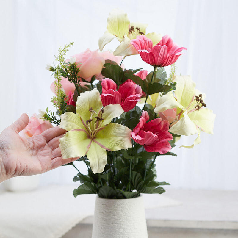 22″ Pink and Green Artificial Rose, Tiger Lily, and Cosmos Bush