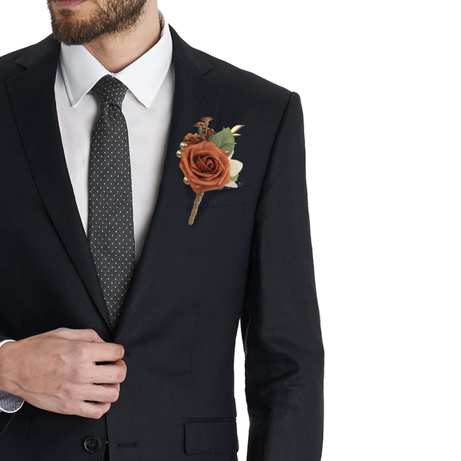 Burnt Orange Boutonniere Corsage Set Terracotta Real Touch Silk Flowers 2Piece