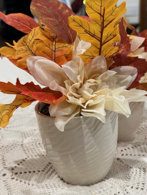 Perfect Harvest Floral Arrangement Fall Colors approx. Orange & white 8-11″ tall