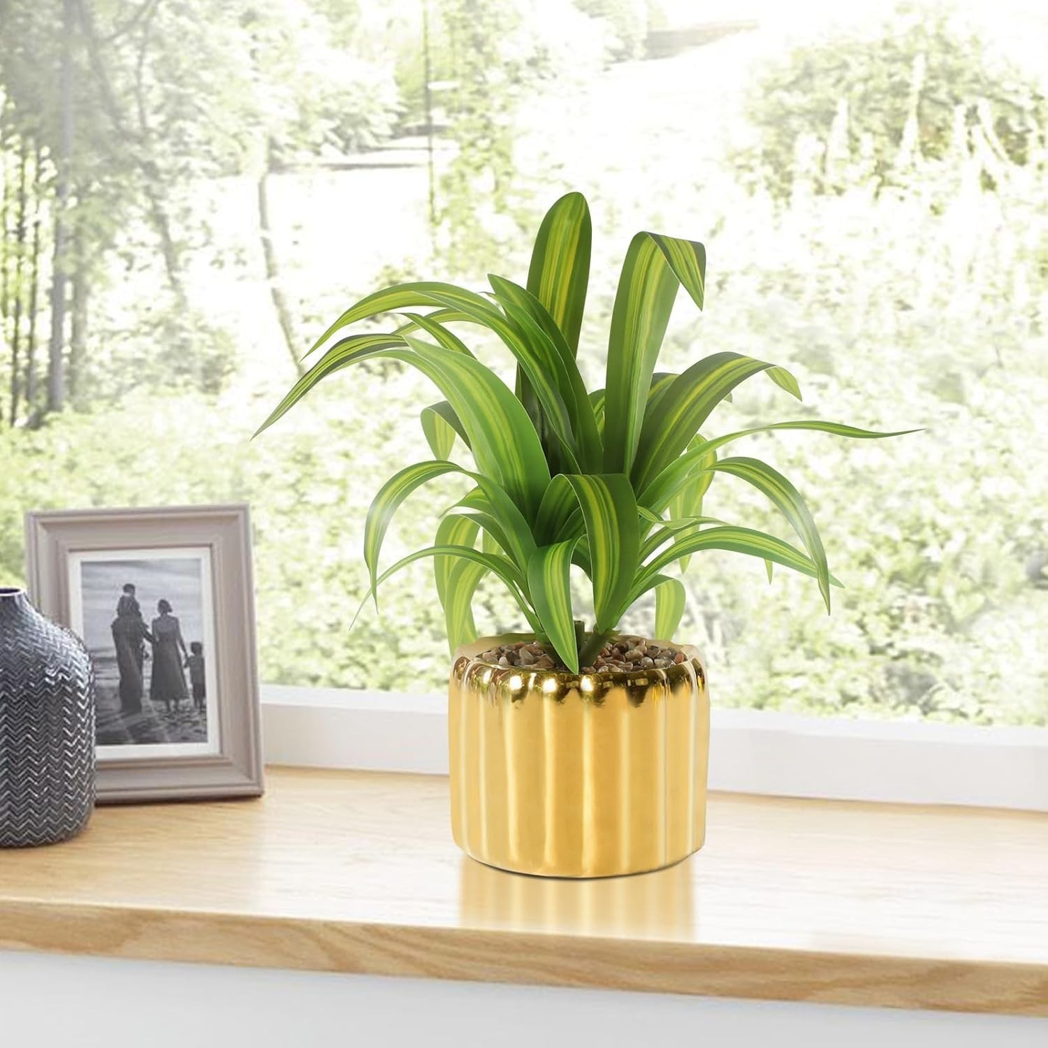 9″ Artificial Dracaena Plant with Textured Leaves Golden Ceramic Pot Realistic F