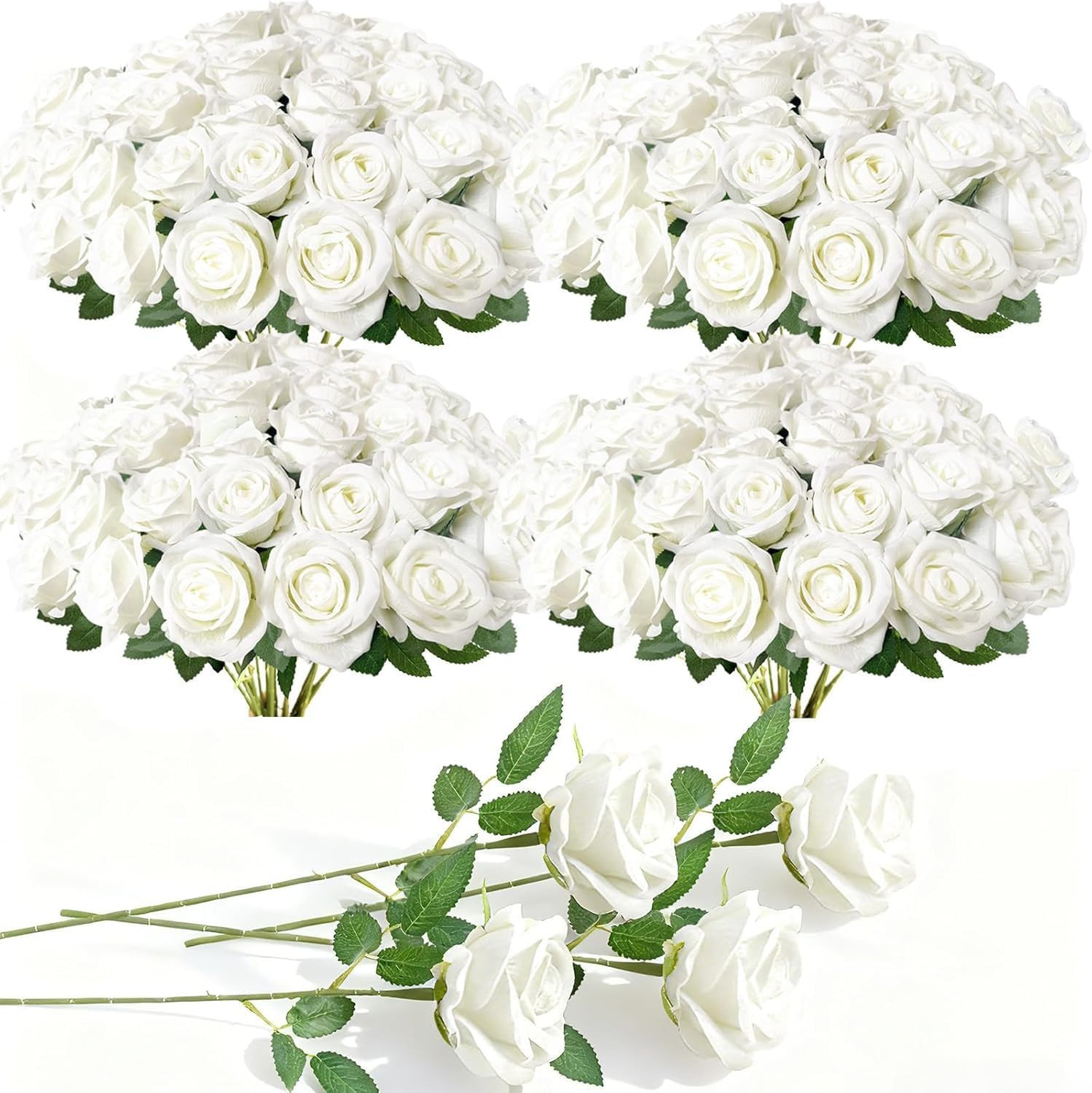 100 Pcs White Fake Roses Bulk Artificial Flowers, Artificial Velvet Silk Roses B